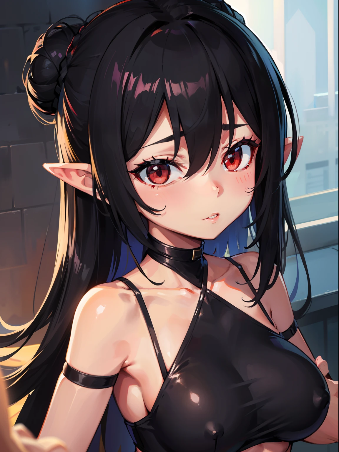 Ultra-detailed, long black hair, pointy hair bun, hair between the eyes, pointy ears, medium boobs, red eyes, accidentally bitten the teenager's face