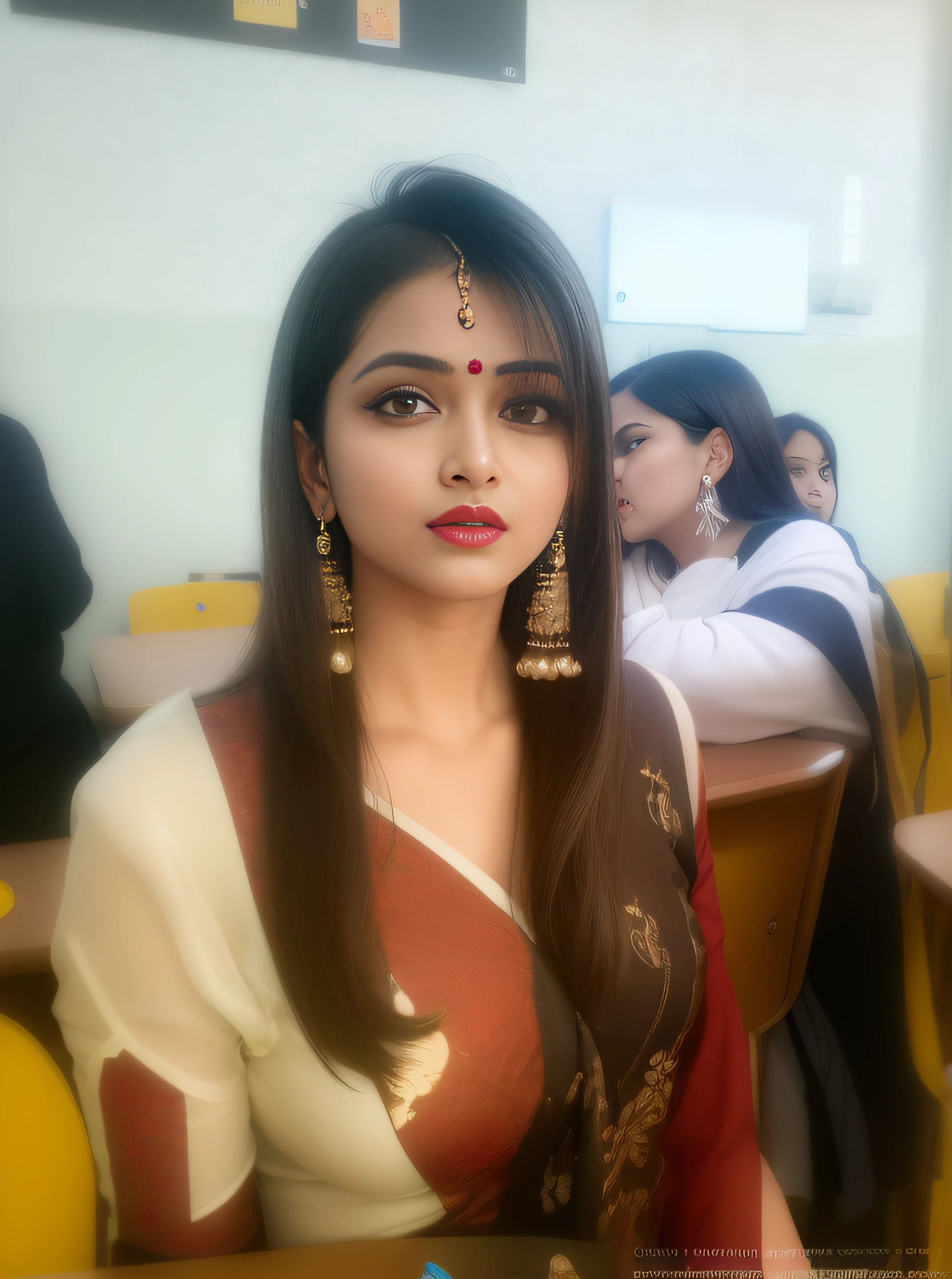 a close up of a woman in a dress sitting in a classroom, very beautiful girl, with lovely look, girl next door innocent look, very very beautiful woman, beautiful model, beautiful pretty young, very pretty model, handsome girl, very beautiful photo, very extremely beautiful, beautiful girl, very beautiful woman, attractive girl, very very very beautifull face, cute beautiful, indian actress divya bharati, thick red lips, big natural lips, sexy figure, indian model divya bharati