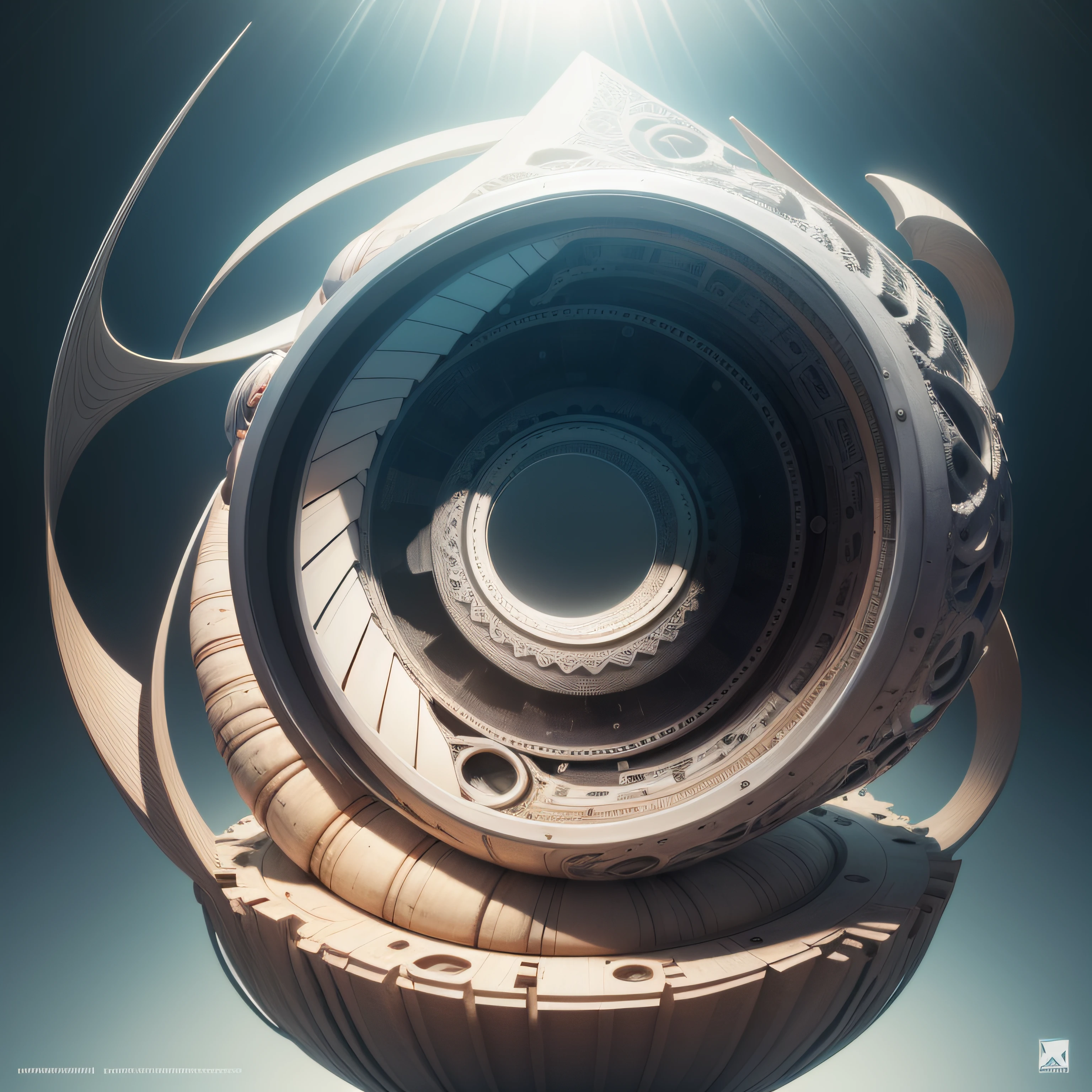 There is an object with Fibonacci settings, a mix of organic and futuristic, um fundo branco, Invisible, Arte surrealista, Inevitabilidade, Surrealista, Incomum, alternate album cover, UNREALISTIC, inspirado em Francesco Raibolini, Hiper realista", Arte surrealista, hiper-realista", Desborrar, realista surreal, Fractais 3D, Fractais 3D proporcao aura, capa de album de psytrance minimalista