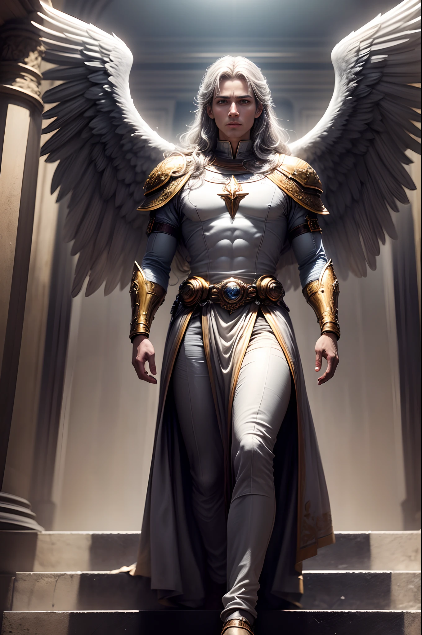 Tall Male Angel, god, war hero, Gabriel The Archangel, face front shot, The scene takes place in the Celestial Palace, standing on the steps, (cold and stern overlook:1.3), looking at viewer, spread huge wings, pure white large wings, detailed face and eyes, female angels are standing downside and facing to Gabriel, War mobilization meeting, sacred white background, fantasy, golden and Silver color, (best quality,highly detailed,masterpiece,HDR,UHD,64K:1.3),Professional,realistic,RAWphoto,Vivid color