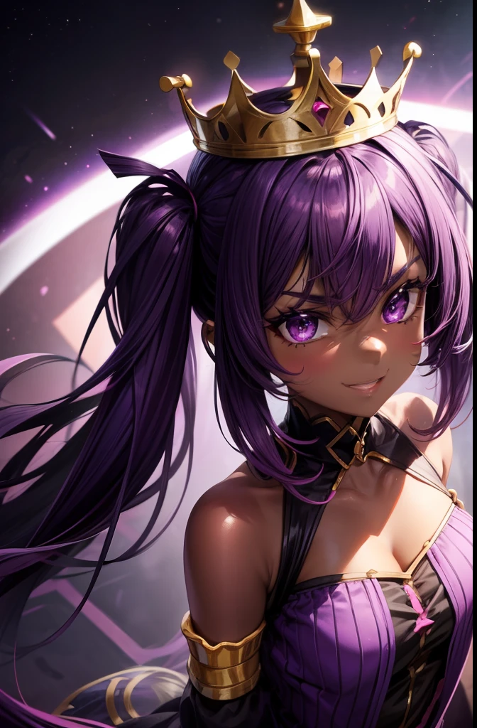 young woman, dark skin color, pigtails, purple hair, pink highlight on her hair, purple eyes, dark purple dress, gold accessories, angry smile, crown on head