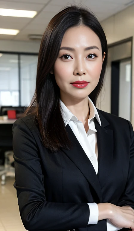 masterpiece,best quality, (1 milf), ((close up:0.5, tilt:0)), ((cross arms)), glare, gray blazer, white shirt, double eyelid, eyelash, lip gloss, (angry:1, ), ((close eyes:0.85)), ((Looking at Viewer)), RAW, (from below:1), ((nobody)), office,