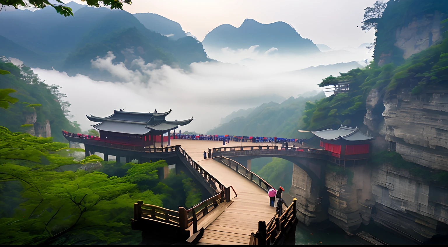 Alafs walks on a bridge over a mountain river, zhangjiajie in early morning, zhangjiajie national forest park, zhangjiajie, Chinese landscape, Chinese fantasy, Ancient Chinese architecture, the taoist temples of huangshan, sky bridges, dreamy Chinese towns, dreamland of chinese, an amazing landscape image