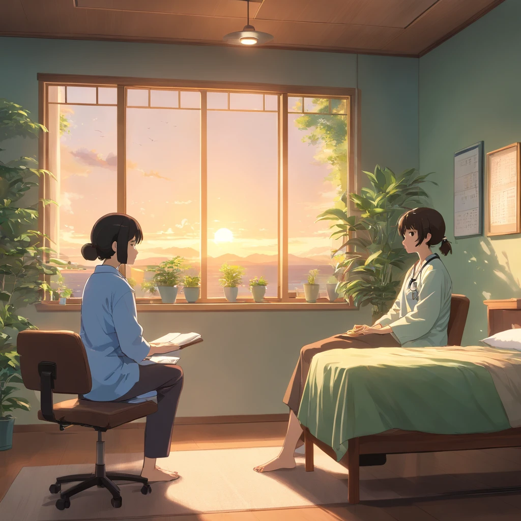 a scene where a girl is in a therapy session, sentada em uma sala tranquila e aconchegante, talking to your doctor. The girl is comfortably seated in an armchair, while the doctor is in a chair in front of her, Listening Carefully. The living room is softly lit to create a cosy atmosphere, com algumas plantas e obras de arte nas paredes, providing a sense of serenity. The girl is expressing her feelings and thoughts with sincerity, while the doctor listens to her with empathy and understanding. The scene radiates the atmosphere of support and care that is essential in a therapeutic session.