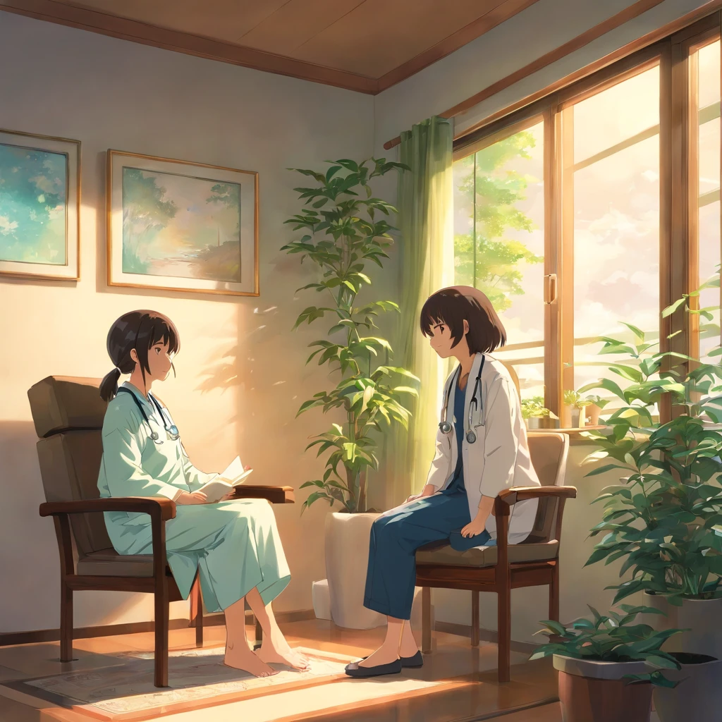 a scene where a girl is in a therapy session, sentada em uma sala tranquila e aconchegante, talking to your doctor. The girl is comfortably seated in an armchair, while the doctor is in a chair in front of her, Listening Carefully. The living room is softly lit to create a cosy atmosphere, com algumas plantas e obras de arte nas paredes, providing a sense of serenity. The girl is expressing her feelings and thoughts with sincerity, while the doctor listens to her with empathy and understanding. The scene radiates the atmosphere of support and care that is essential in a therapeutic session.