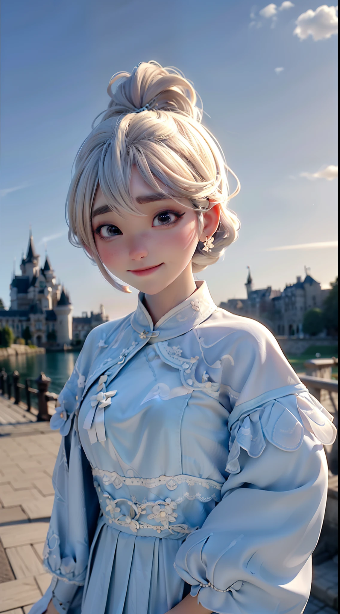 Kizi, bun hairstyle, Light-colored hair,The background is the castle,Tano,with blue sky and white clouds,4K Ultra HD, 超高分辨率, (Photorealistic: 1.4), Best quality,Masterpiece,Utra dilution,(pastel colour:1.2)