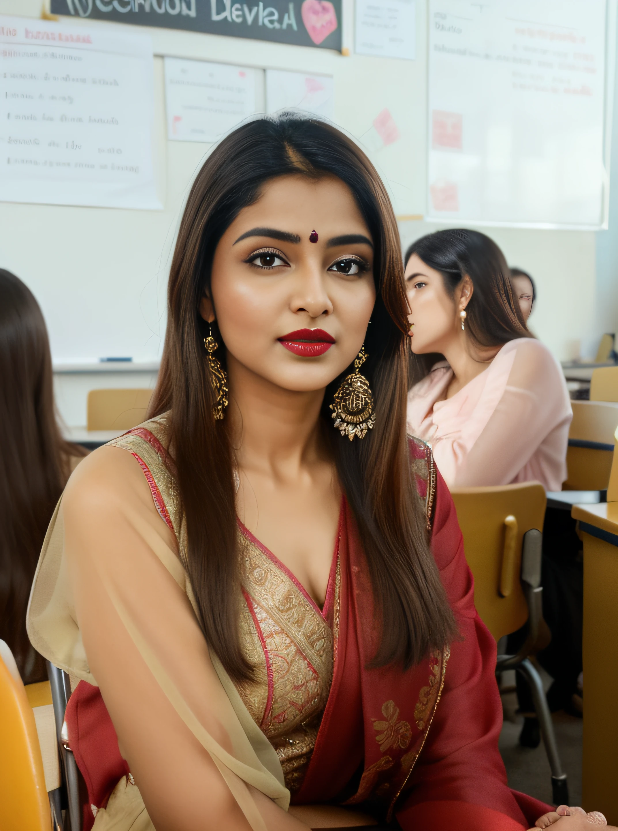 a close up of a woman in a dress sitting in a classroom, very beautiful girl, with lovely look, girl next door innocent look, very very beautiful woman, beautiful model, beautiful pretty young, very pretty model, handsome girl, very beautiful photo, very extremely beautiful, beautiful girl, very beautiful woman, attractive girl, very very very beautifull face, cute beautiful, indian actress divya bharati, thick red lips, big natural lips, sexy figure, indian model divya bharati