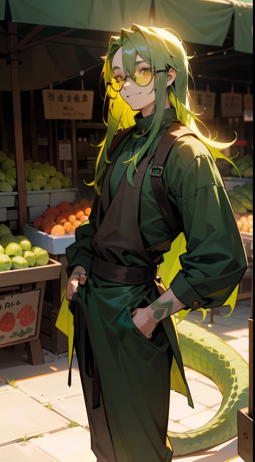 1man,solo,40s,happy face,(((green skin))),market outfit, green hair,long hair,yellow eyes,glasses,lizard tail,(((standing in front of a market)))