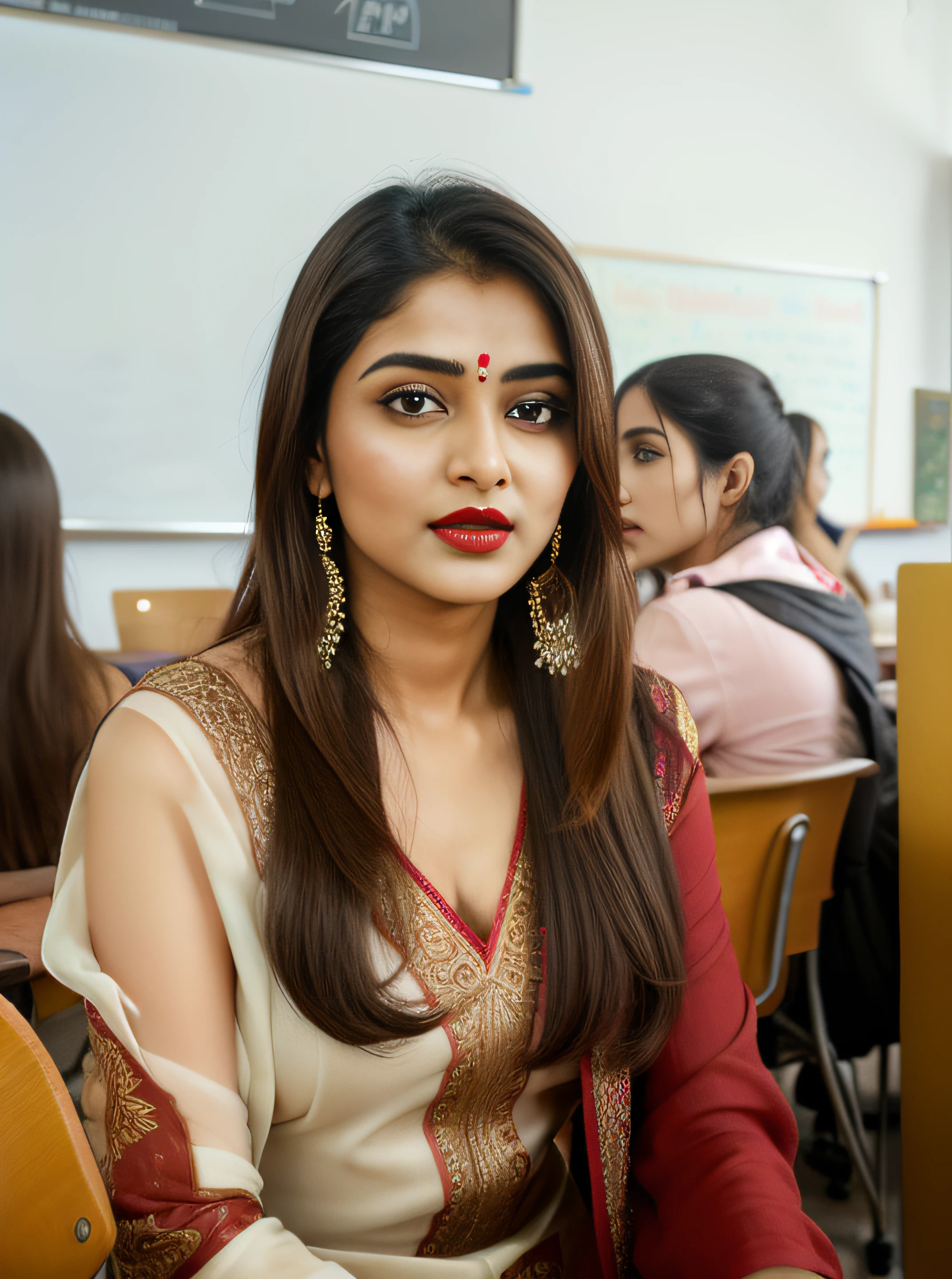 a close up of a woman in a dress sitting in a classroom, very beautiful girl, with lovely look, girl next door innocent look, very very beautiful woman, beautiful model, beautiful pretty young, very pretty model, handsome girl, very beautiful photo, very extremely beautiful, beautiful girl, very beautiful woman, attractive girl, very very very beautifull face, cute beautiful, indian actress divya bharati, thick red lips, big natural lips, sexy figure, indian model divya bharati