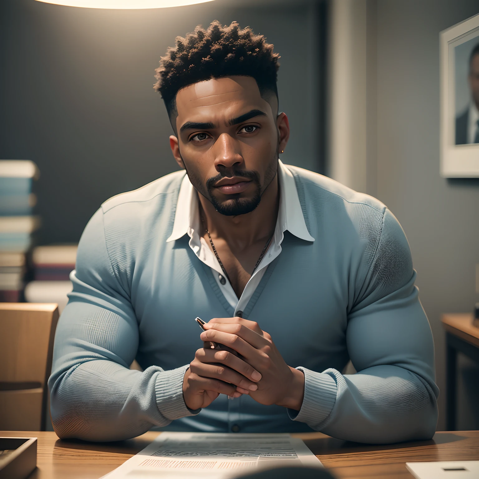 super high res, melhor qualidade, foto, 8k, (fotorrealista: 1.2), cinematic lighthing, Um homem negro. He's at the law firm, na frente de uma estante com livros e um quadro.
