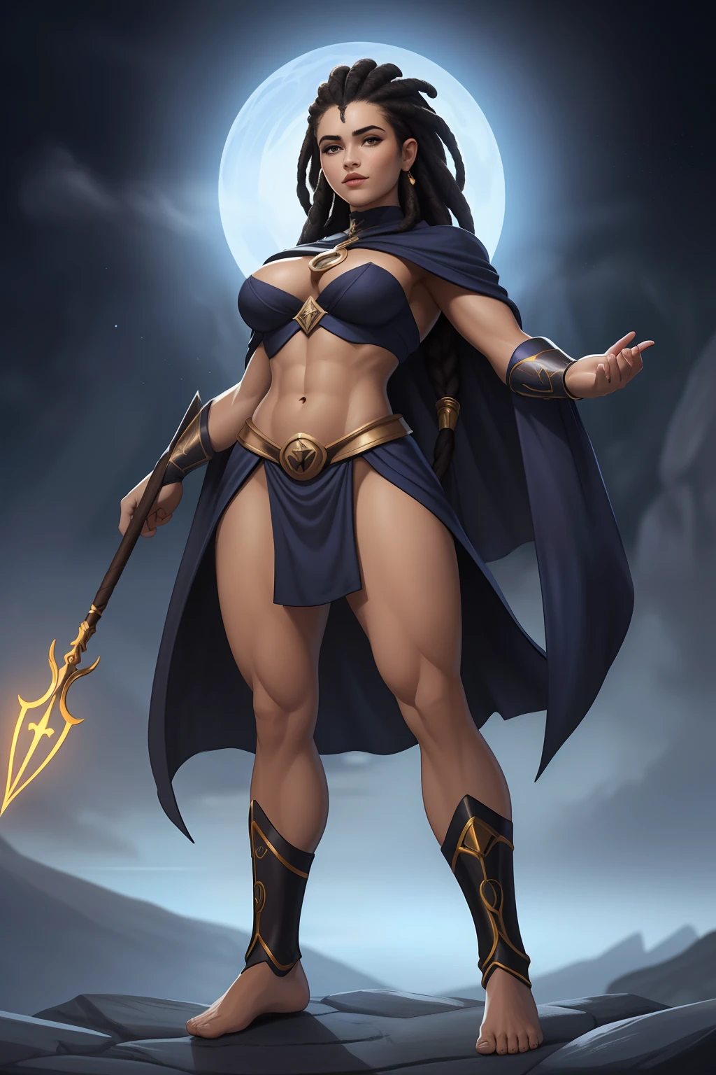 Uma mulher Moreno, de cabelo afro cabelo caindo para frente, Rasta type but braided, holding a spear in, Shape Dana spearhead informs of a , e um escudo em forma de ,, com belos seios corpo perfeito com , a wide thigh is beautiful a woman, com seios lindos corpo perfeito, uma coxa larga, is beautiful a destination with ,vario expression sexual pose, erotic ((Estilo Art Vista de Corpo Inteiro, plano completo, vista frontal, Vista lateral, vista traseira, de personagem, Multiple views and poses, various points of view, um personagem, corpo inteiro, personagem com menos, estilo de roupa, no mesmo Estilo de cabelo, less Type of footwear, forte )):: ((whole body view, plano completo, vista frontal, vista traseira, design de personagem, Multiple views and poses, various points of view, de um personagem, corpo inteiro,, personagem com menos, estilo de roupa, no mesmo Estilo de cabelo, less Type of footwear)): Superheroíne, vestindo ultraje, a partir bandeira de Cabo Verde, with a star in the middle and 10 islands on the superhero cover, erotic cosmic fallen angel, olhos claros brilhantes, Biomechanicals, estranho, assustador, pesadelo, cores muito brilhantes, light particles, com luz brilhante, Mshiff, Arte do papel de parede, UHD Summoner Wallpaper Barefoot Female Levitating with Hair , robes and arms of cloak raised on a broken earth, luz de lava brilhante de baixo do campo de asteroides (rochas irregulares, pedregulhos e detritos disparando para o ar:1.3) (tempestade de detritos de poeira ventosa:1.1) Volumetric mist mist ray tracing z pass bright light from below, (obra-prima) (melhor qualidade) (detalhado) (8k) (cinematic lighthing) (foco nítido) (intrincado)