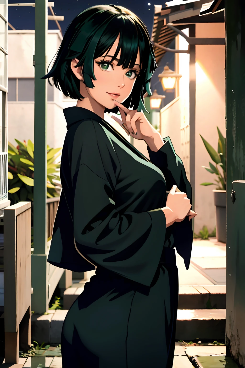 "una chica,Trabajo de nivel de obra maestra,Mejor calidad de imagen,in front of camera,escote,smil,Criado sexy,looks directly at camera,Pelo short,cuerpos perfectos, fondo nocturno ,green hair, kimono。senos grandes