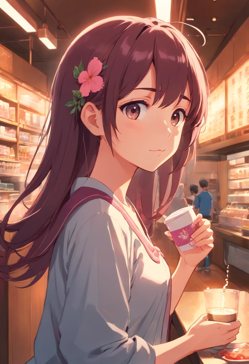 1 menina, solo, nakano nino, cabelo rosa, ornamento de cabelo de borboleta, (nu: 1.3), seios grandes, decote, coxas, coffee background, (rubor: 1.3)
