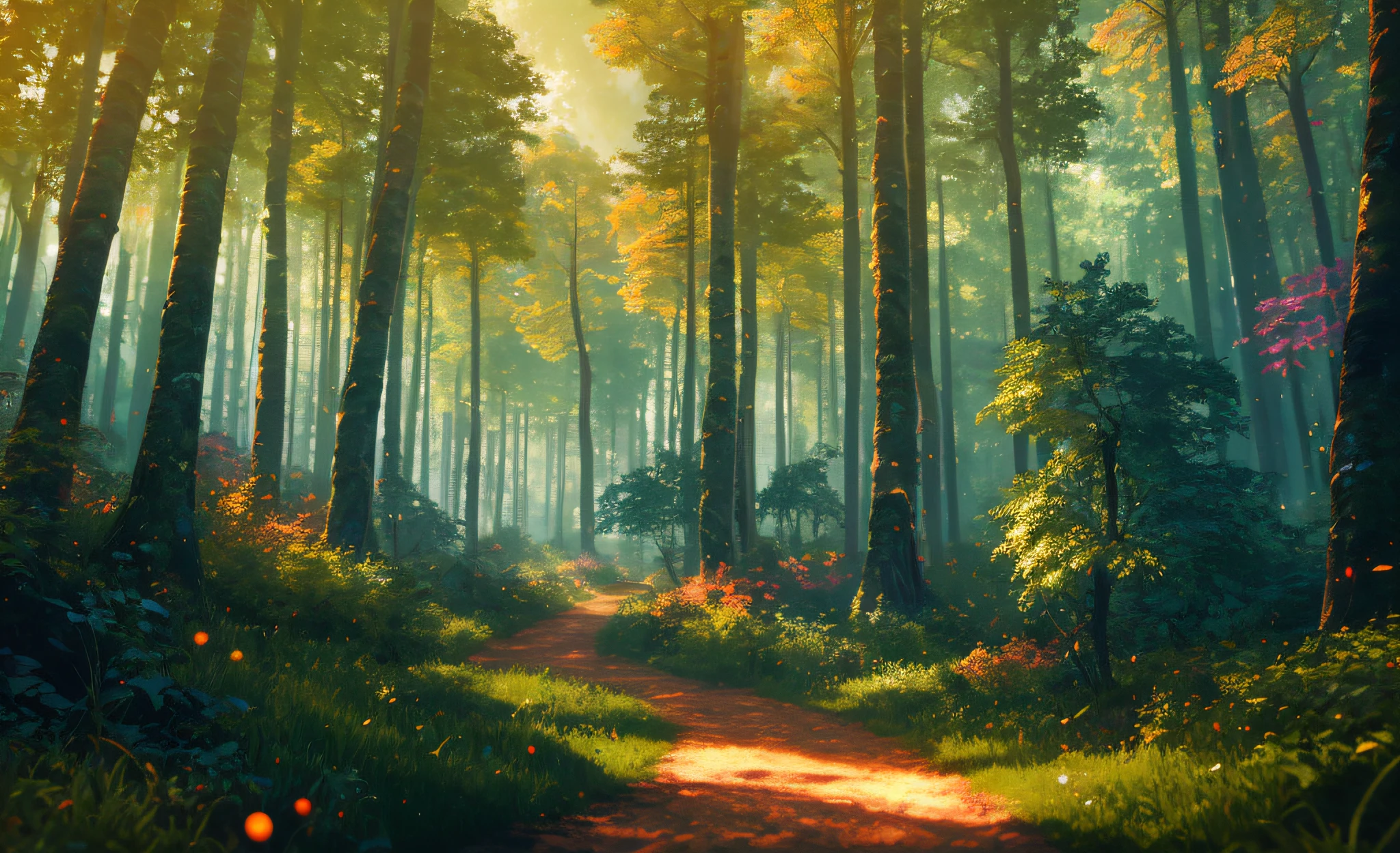 Analog style, ChromaV5, nwinkpunk (extremely detailed CG unity 8k wallpaper), forest scenery from The Nine Princes of Amber, lens flares, award-winning photography, chromatic aberration, detail, HDR, Bloom, Monet style, Pissarro and Sisley, trending on ArtStation , a trend on CGSociety, art from mid-travel