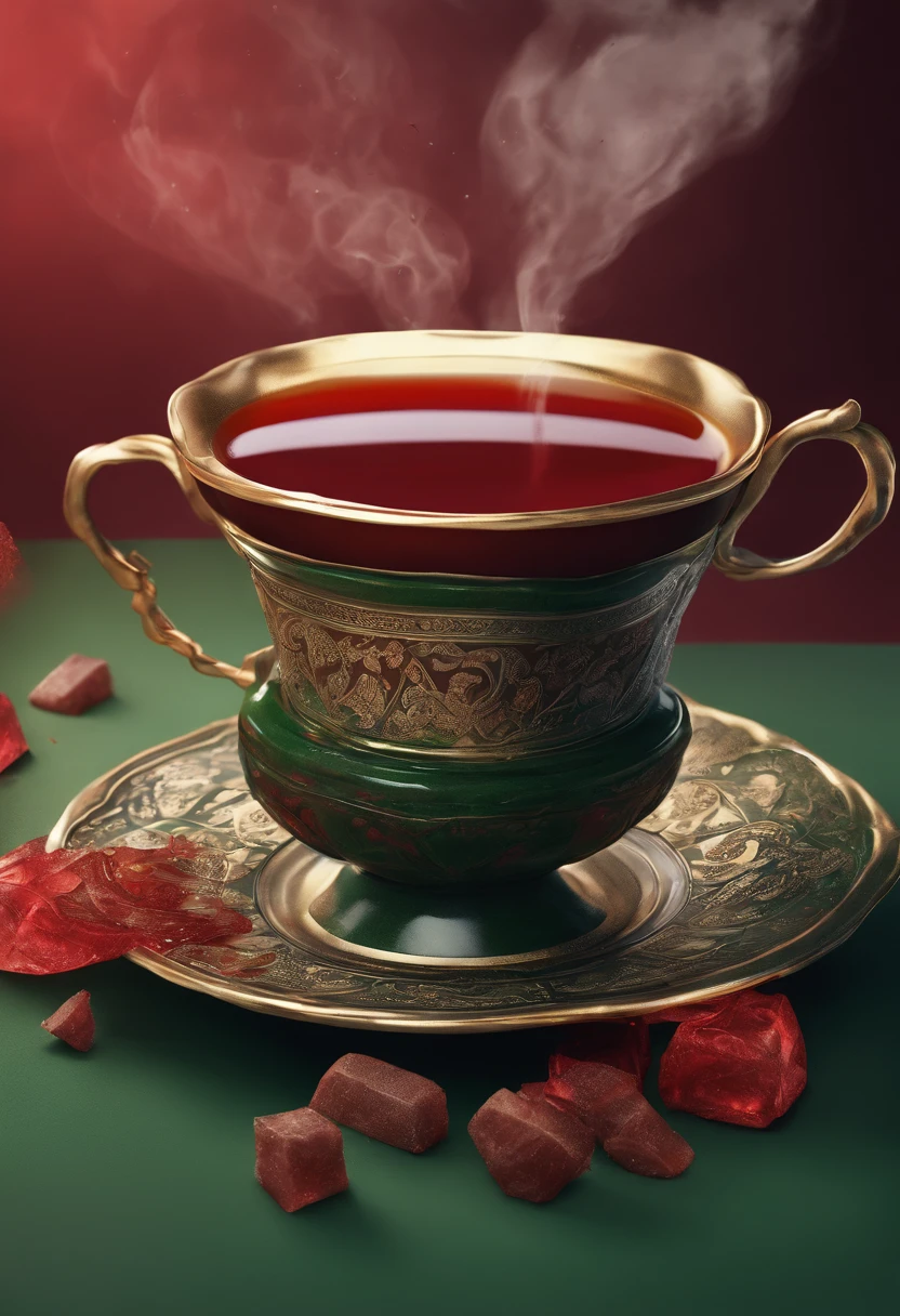A persian cup of tea, dark red tea, feeling persian, hot, add some white sugar cubes around it, dark green background, super details, cinematic lighting, volumetric lighting