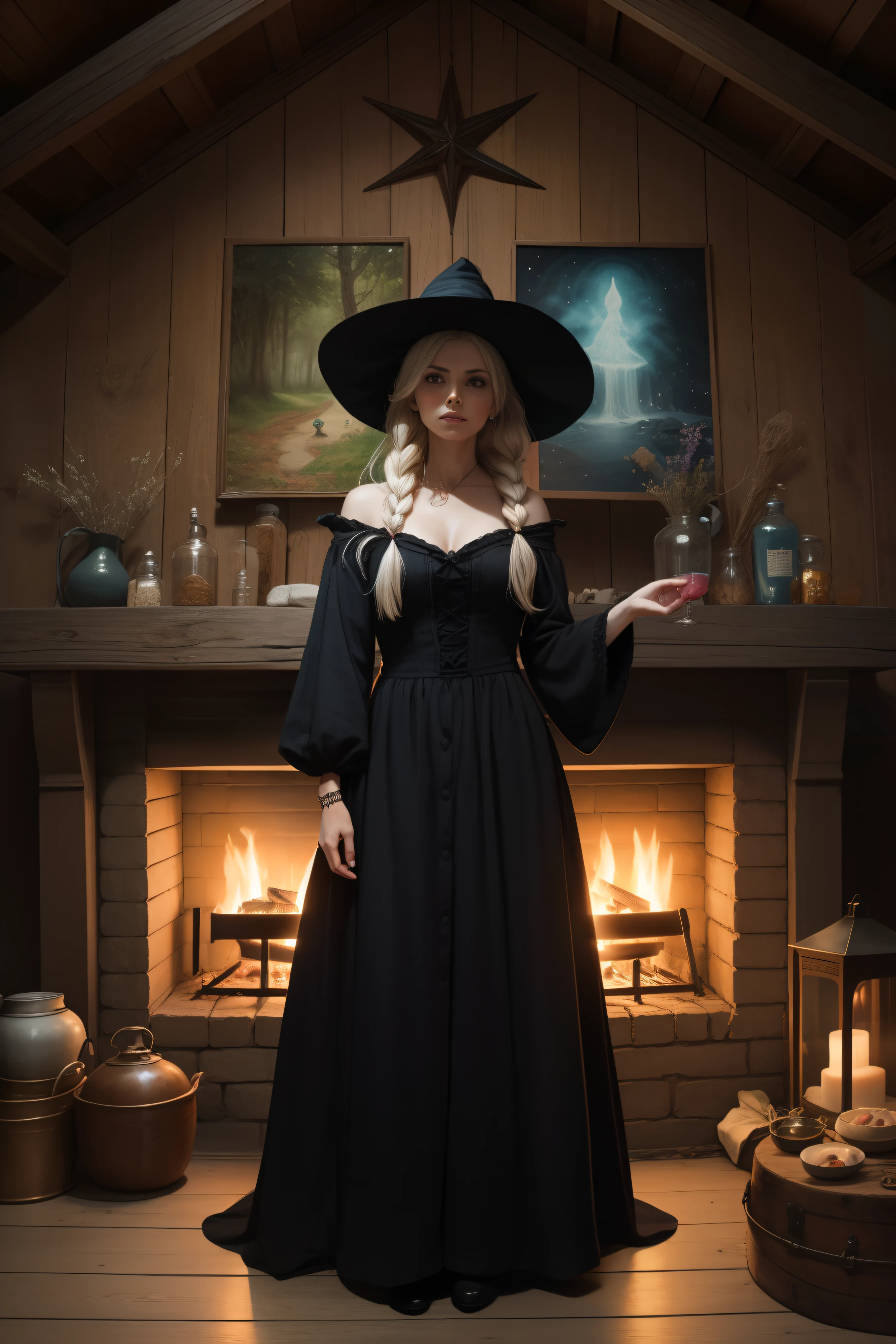 Foto de uma bruxa, (bruxa extremamente linda), Beautiful witch in a black dress stands in front of a fireplace, Boris Valejo. Octopath Viajante, Cottagecore!!, Cottagecore, Slavic folk fairy tale, full-colour illustration, she is in the potions workshop, inspirado em Elsa Beskow, Directed by: Elsa Beskow, beautiful depiction, Cottagecore hippie, (sete varinhas penduradas na parede)
