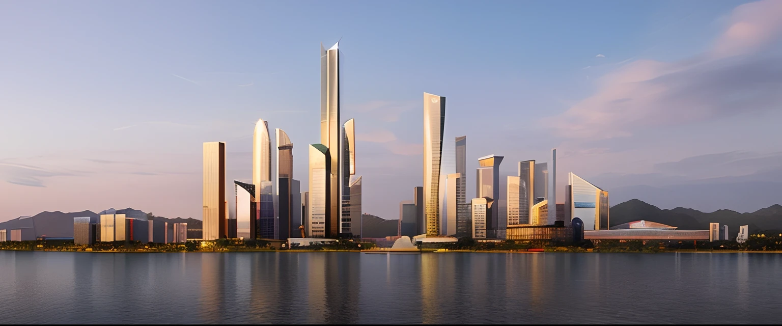 Rendering of Shenzhen Bay Super Headquarters Base Digital rendering, urban in the background, hyperreal rendering, Beautiful city of the future, building rendering, foster and partners, huge modern downtown city, gigantic skyscrapers, artistation render