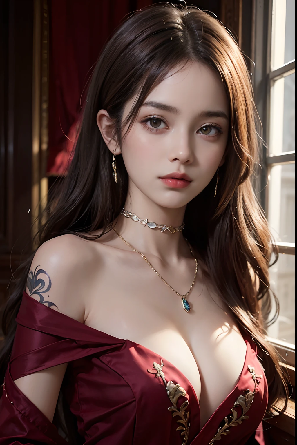 ((masterpiece:1.4)、(top-quality:1.4)、(reallistic:1.7))、Ultra-realistic portrait of the beautiful Martian queen by Luis Royo、Super beautiful girl queen、((1girl in:1.4))、Shiny natural skin texture、(The Queen's ornate outfit)、(Red formal suit:1.4)、By Luis Royo、age19、(Cute tattoos:1.4)、(Two arms:1.4、Two legs:1.4)、(perfect anatomia:1.4)、(Perfect female body:1.4)、Portrait photo of a girl、Close-up photos、Upper body photography、Fantasyart、Soft front light、beautiful countenance、kawaii faces、Beautiful udder、large full breasts:1.2、Beautiful ass、A detailed eye、Draw the eyes clearly, Beautiful and attractive eyes、beautidful eyes、Narrow waist、Raw photo、red-lips、Long hair is set like a queen in a cool way、(tiarra:1.4、a choker:1.4、a necklace:1.4、耳Nipple Ring:1.4)、1 screen display、Beautiful girl standing in the royal palace of the Martian kingdom