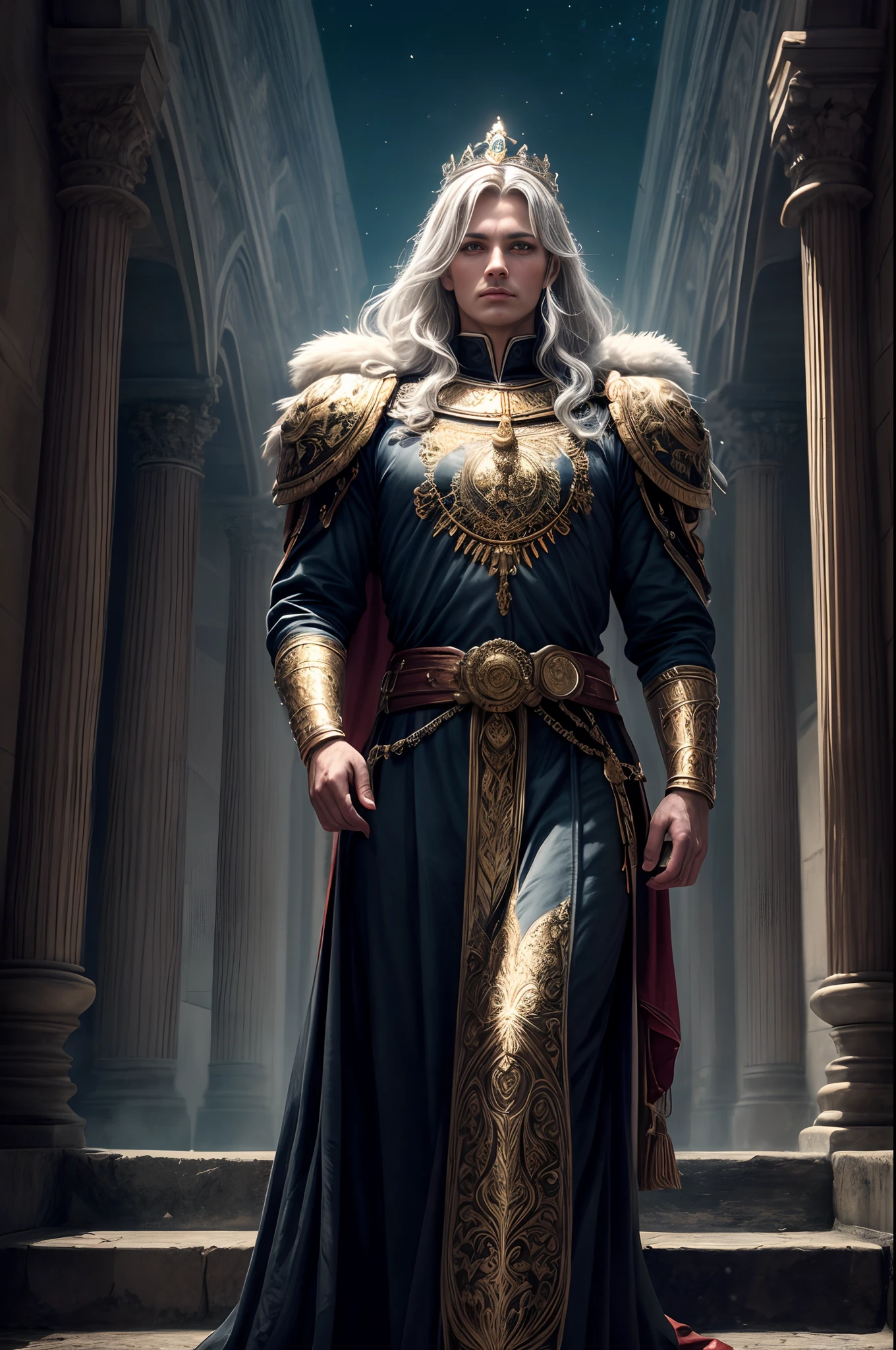 beautiful queen, god, war hero, cold and stern overlook in Ancient Castle Site, looking down, detailed face and eyes, standing on the steps, War mobilization meeting, sacred black background, fantasy, (Bio-luminescence), Brilliant light, Shining majestic sky, golden and Silver color, (best quality,highly detailed,masterpiece,HDR,UHD,64K:1.3),Professional,Vivid color