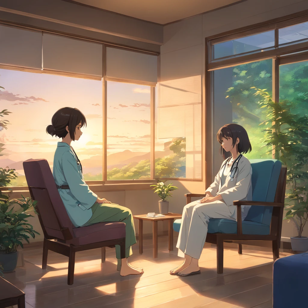 a scene where a girl is in a therapy session, sentada em uma sala tranquila e aconchegante, talking to your doctor. The girl is comfortably seated in an armchair, while the doctor is in a chair in front of her, Listening Carefully. The living room is softly lit to create a cosy atmosphere, com algumas plantas e obras de arte nas paredes, providing a sense of serenity. The girl is expressing her feelings and thoughts with sincerity, while the doctor listens to her with empathy and understanding. The scene radiates the atmosphere of support and care that is essential in a therapeutic session.