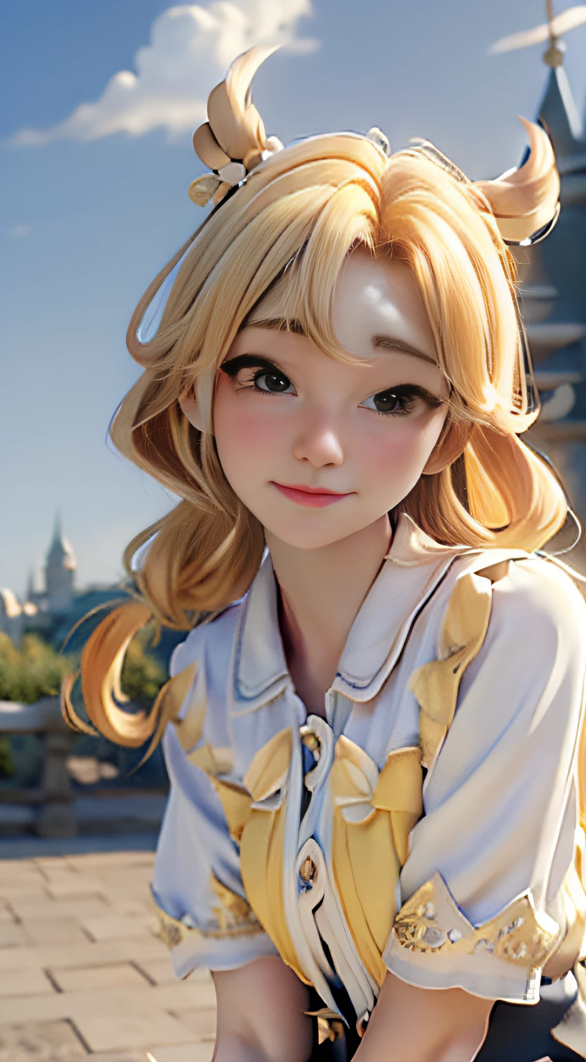 Kizi, bun hairstyle, golden yellow hair,The background is the castle,Tano,with blue sky and white clouds,4K Ultra HD, 超高分辨率, (Photorealistic: 1.4), Best quality,Masterpiece,Utra dilution,(pastel colour:1.2)