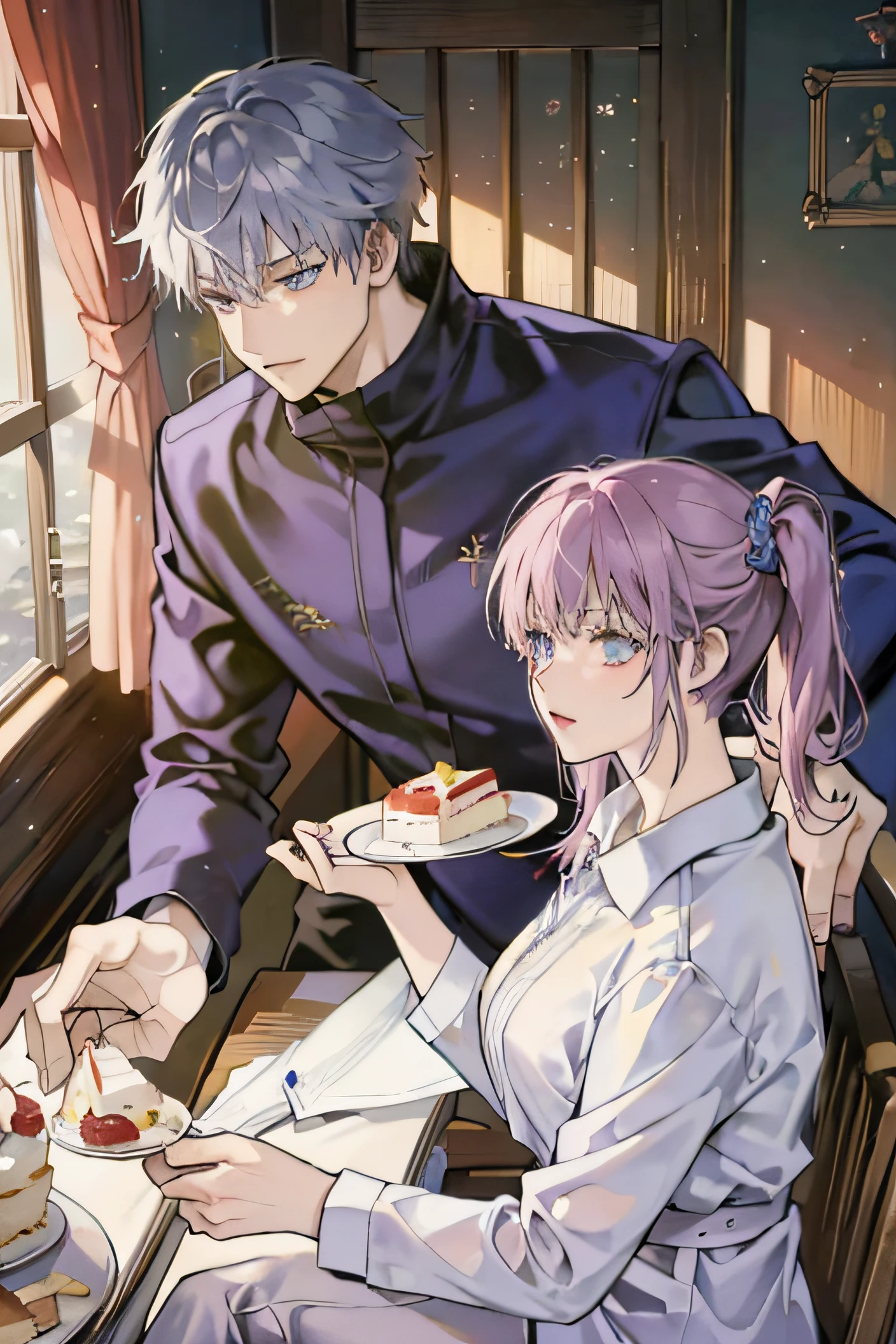 anime scene of a couple of people sitting at a table with a piece of cake, satoru gojo, white sheet table, messy, several gourmet food on table, masterpiece, illustration, high quality fanart, 2 d anime style, detailed fanart, at a dinner table