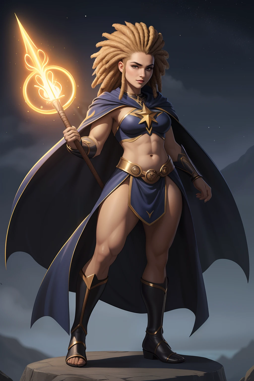 Uma mulher Moreno, de cabelo afro cabelo caindo para frente, Rasta type but braided, holding a spear in, Shape Dana spearhead informs of a , e um escudo em forma de ,, com belos seios corpo perfeito com , a wide thigh is beautiful a woman, com seios lindos corpo perfeito, uma coxa larga, is beautiful a destination with ,vario expression sexual pose, erotic ((Estilo Art Vista de Corpo Inteiro, plano completo, vista frontal, Vista lateral, vista traseira, de personagem, Multiple views and poses, various points of view, um personagem, corpo inteiro, personagem com menos, estilo de roupa, no mesmo Estilo de cabelo, less Type of footwear, forte )):: ((whole body view, plano completo, vista frontal, vista traseira, design de personagem, Multiple views and poses, various points of view, de um personagem, corpo inteiro,, personagem com menos, estilo de roupa, no mesmo Estilo de cabelo, less Type of footwear)): Superheroíne, vestindo ultraje, a partir bandeira de Cabo Verde, with a star in the middle and 10 islands on the superhero cover, erotic cosmic fallen angel, olhos claros brilhantes, Biomechanicals, estranho, assustador, pesadelo, cores muito brilhantes, light particles, com luz brilhante, Mshiff, Arte do papel de parede, UHD Summoner Wallpaper Barefoot Female Levitating with Hair , robes and arms of cloak raised on a broken earth, luz de lava brilhante de baixo do campo de asteroides (rochas irregulares, pedregulhos e detritos disparando para o ar:1.3) (tempestade de detritos de poeira ventosa:1.1) Volumetric mist mist ray tracing z pass bright light from below, (obra-prima) (melhor qualidade) (detalhado) (8k) (cinematic lighthing) (foco nítido) (intrincado)