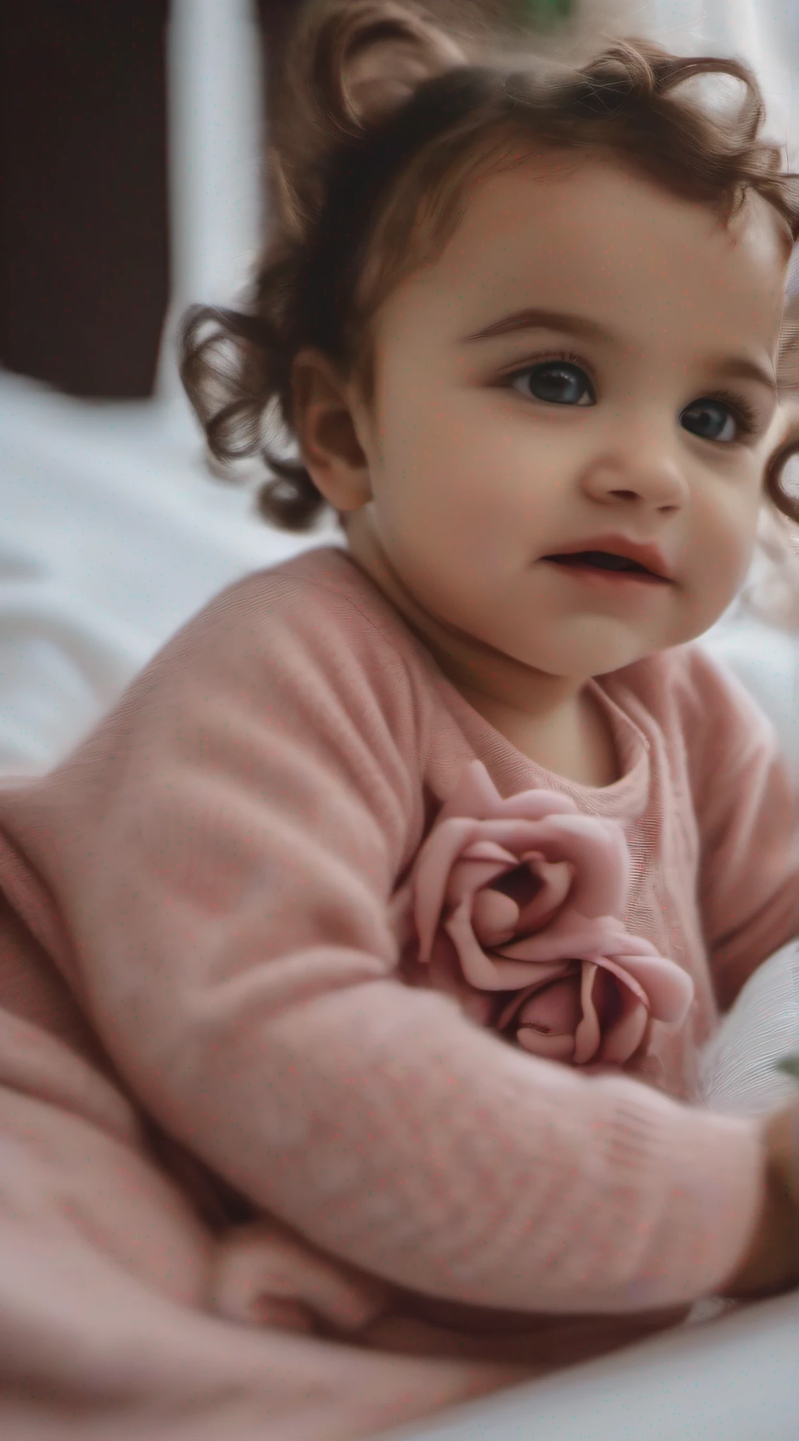 , baby girlndos olhos azuis, feliz, cabelos pretos, pele preta brilhante, panos brancos bonitos, deitado na cama, Rosas vermelhas na cama, (Ultra High Definition), (Foto RAW, Realistic : 1.25)