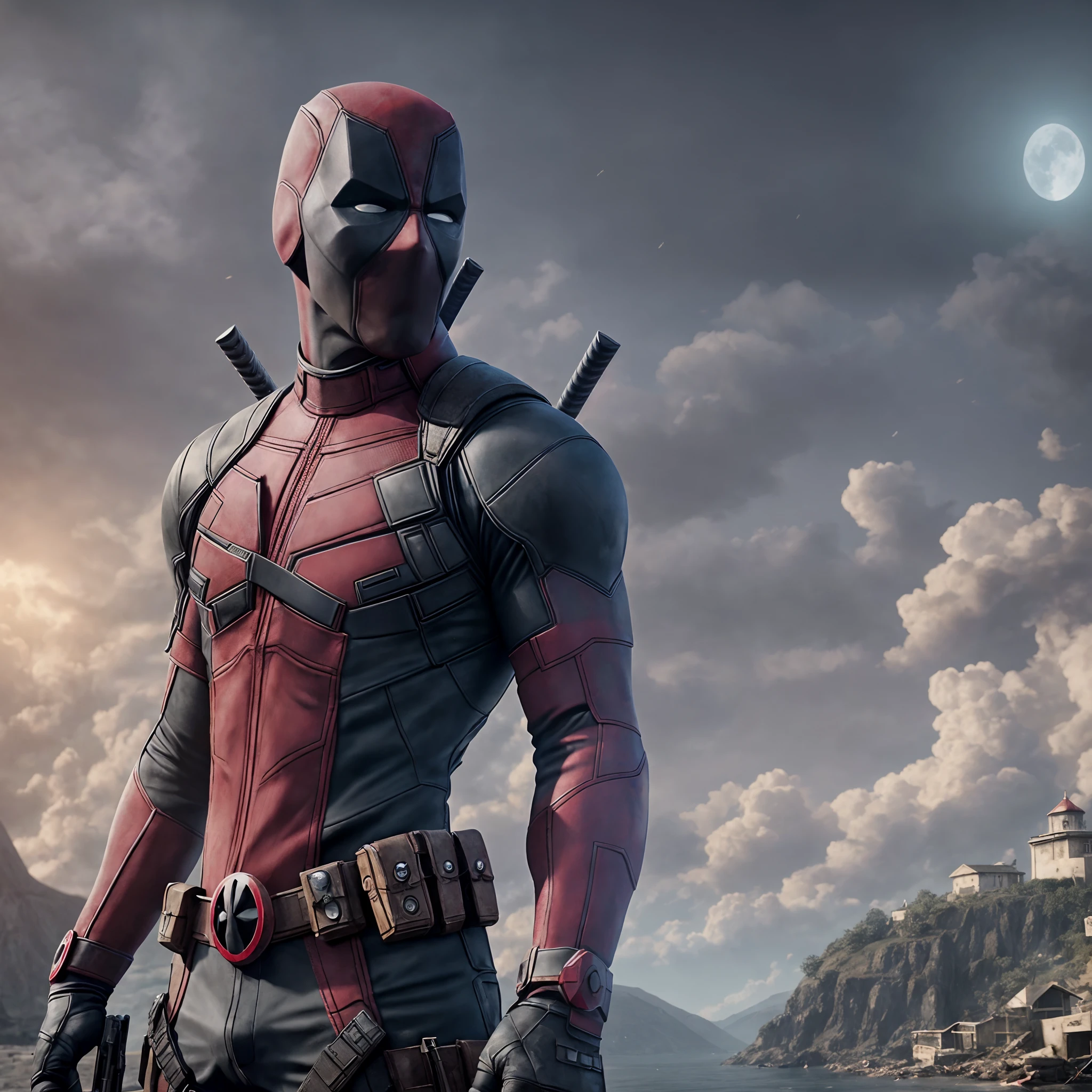 Deadpool sitting on edge of lighthouse, watching, Human Angels fighting Satan Demons in night sky, battle between angels and demons, angel versus devil, battle between good and evil, jesus christ fighting lucifer, devil versus angel, eros and thanatos, observing, midnight, (dark ambient1.3), on a lighthouse, midnight, dark concept art, 3d digital art, unreal engine. film still, epic cinematic shot, ryan reynolds dead pool, cinematic shot!, great composition cinematic, detailed cinematic shot, spectacular cinematic scene, ( ( unreal engine ) ), shot from cinematic, epic cinematic still, deadpool, realistic cinematic shot, cinematic movie shot, unreal engine cinematic --auto --s2