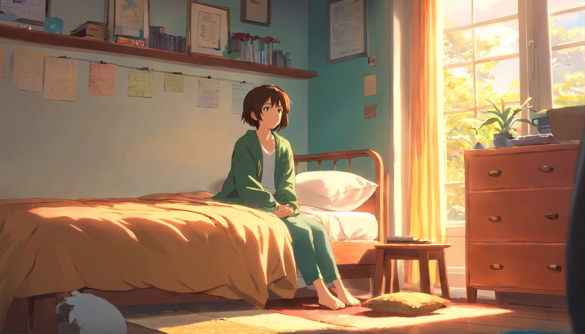 A 22 year old girl talking to her boyfriend on a phone call in her room sitting on her bed and looking happy