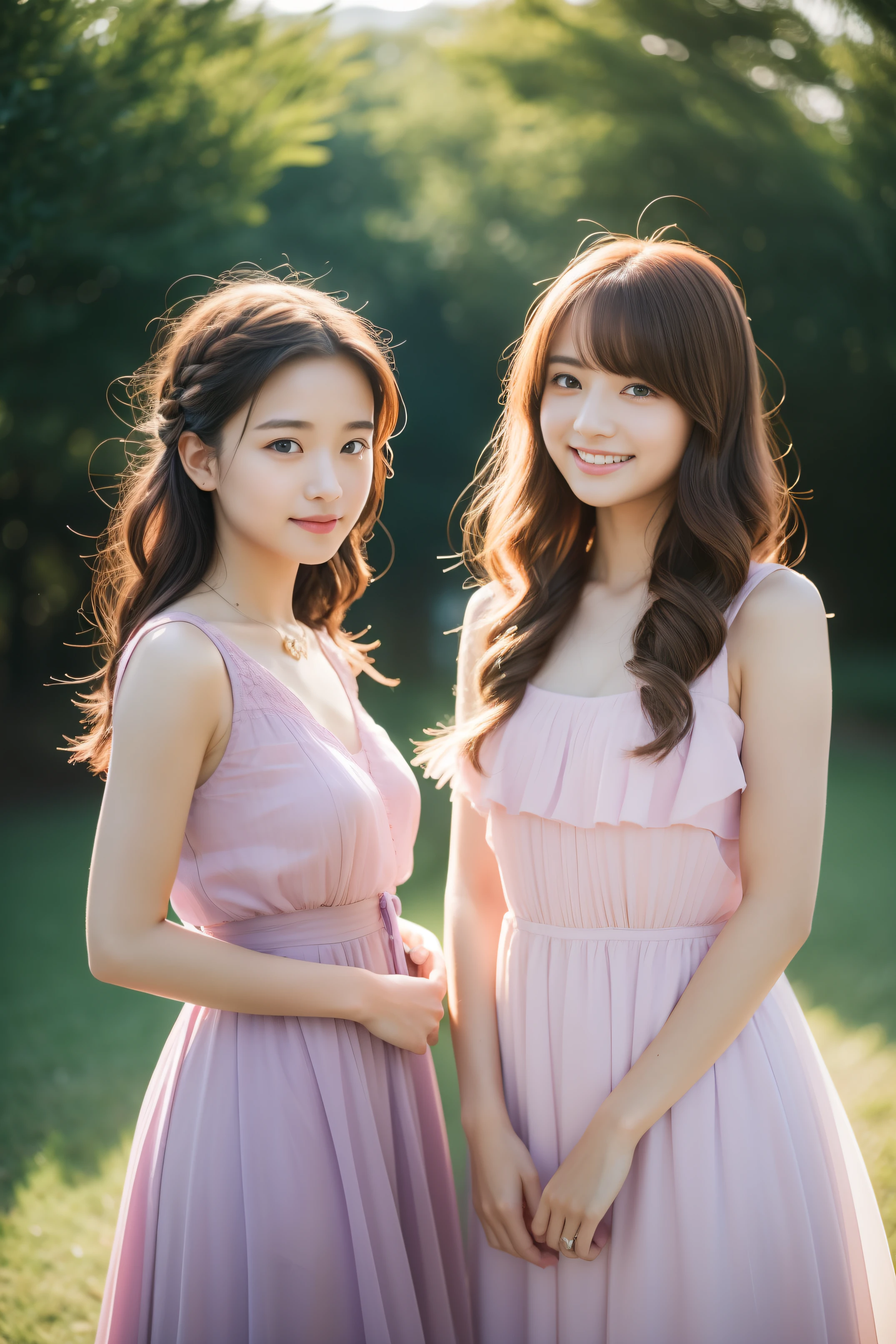 Two teenage girls、Drill Hair、Pretending pale purple dress、Pink dress、Brown hair、a smile、Beautuful Women、((top-quality、8K、masterpiece:1.3))、foco nítido:1.2、An ultra-high picture quality、top-quality、masterpiece、natural soft light、The upper part of the body、the setting sun