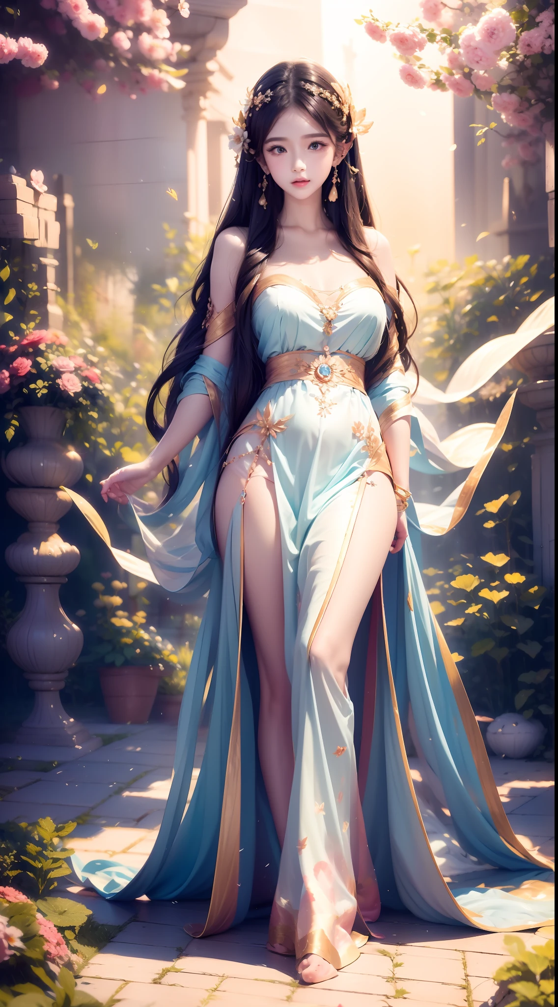 1girl, solo, full body, (masterpiece:1.21), (best quality:1.2), colorful, (illustration:1.2), (cinematic lighting:1.1), (bare shoulders:1.21), (collarbone:1.21) in this whimsical A beautiful and dreamlike garden, the scene is illuminated by a rainbow (colorful fireflies) dancing in the air. Pastel (drizzle) adorns the garden, creating a hazy and ethereal atmosphere. In the center of the picture, stands a single girl, an extremely beautiful girl, with lovely facial features and an innocent expression. Her long hair fluttered in the wind. She wore a low-cut strapless dress that accentuated her curves. The lighting is very delicate and beautiful, creating a soft warm glow that accentuates the water and makes it sparkle like a diamond. The finest grasses are also illuminated to create a lush carpet. The garden is surrounded by colorful flower fields with flowers of all colors and shapes. Various colors and sizes (coloured butterflies) can be seen flying around the scene, adding to the overall sense of wonder and magic. (Everyone, judges), a blush can be seen on the bridge of the nose, and the mouth is slightly opened, which adds to the overall sense of innocence and youth. Falling petals can be seen waving around her, adding to the overall sense of romance and beauty. The breeze is blowing, the leaves are rustling, and the flowers are swaying, adding to the overall dynamism and vitality. It is a scene of pure wonder and magic, full of color and beauty, where the viewer can lose themselves in this enchanting and captivating world.