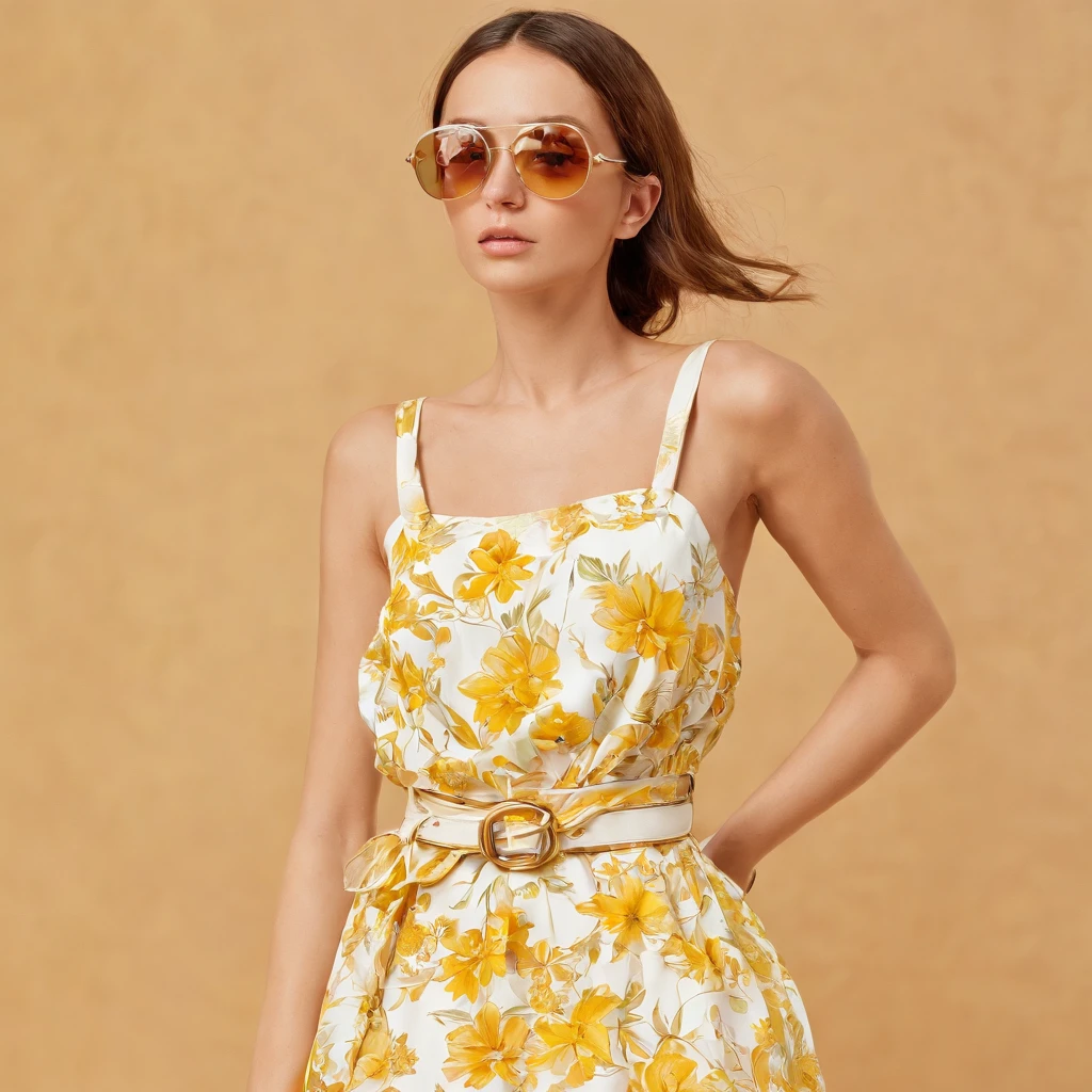 A summer outfit consists of a light dress, with floral patterns in shades of yellow and white. The dress has thin straps and is adorned with a belt at the waist for a touch of elegance. The model completes the look with gold striped sandals and oversized sunglasses."