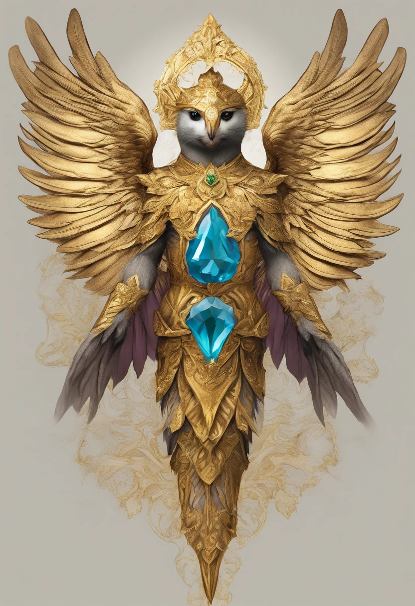 Seal with golden armor and green gem and golden wings with purple and blue membranes, best quality, masterpiece