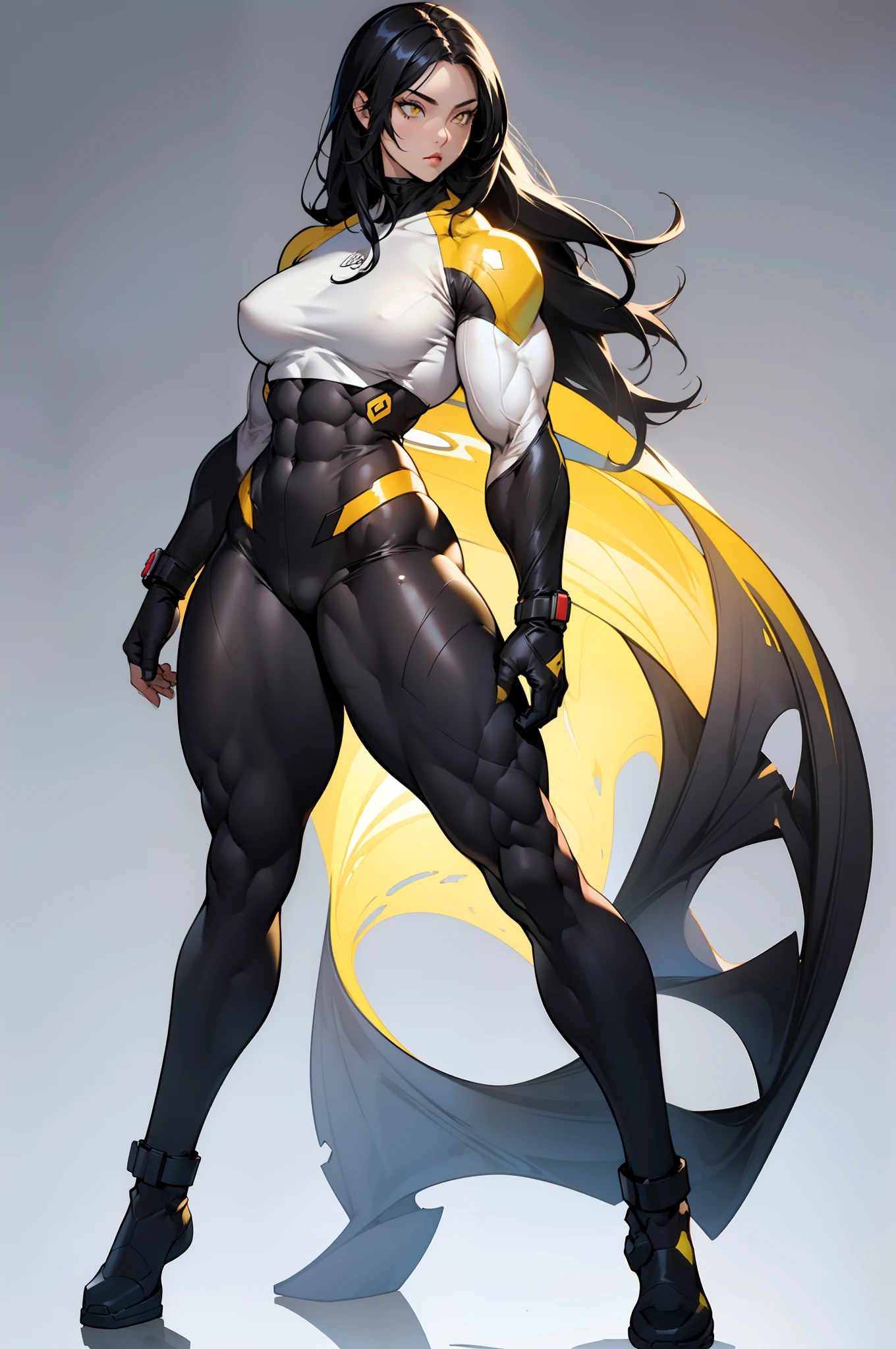 (((((1 girl))))), black hair, yellow eyes, very long hair, ((((((muscular)))))), tall, pale skin, bodysuit, (((full body))), (solo), (curvy), (thick thighs), (wide hips), thin waist, ((gradient background)), (posing), (standing)