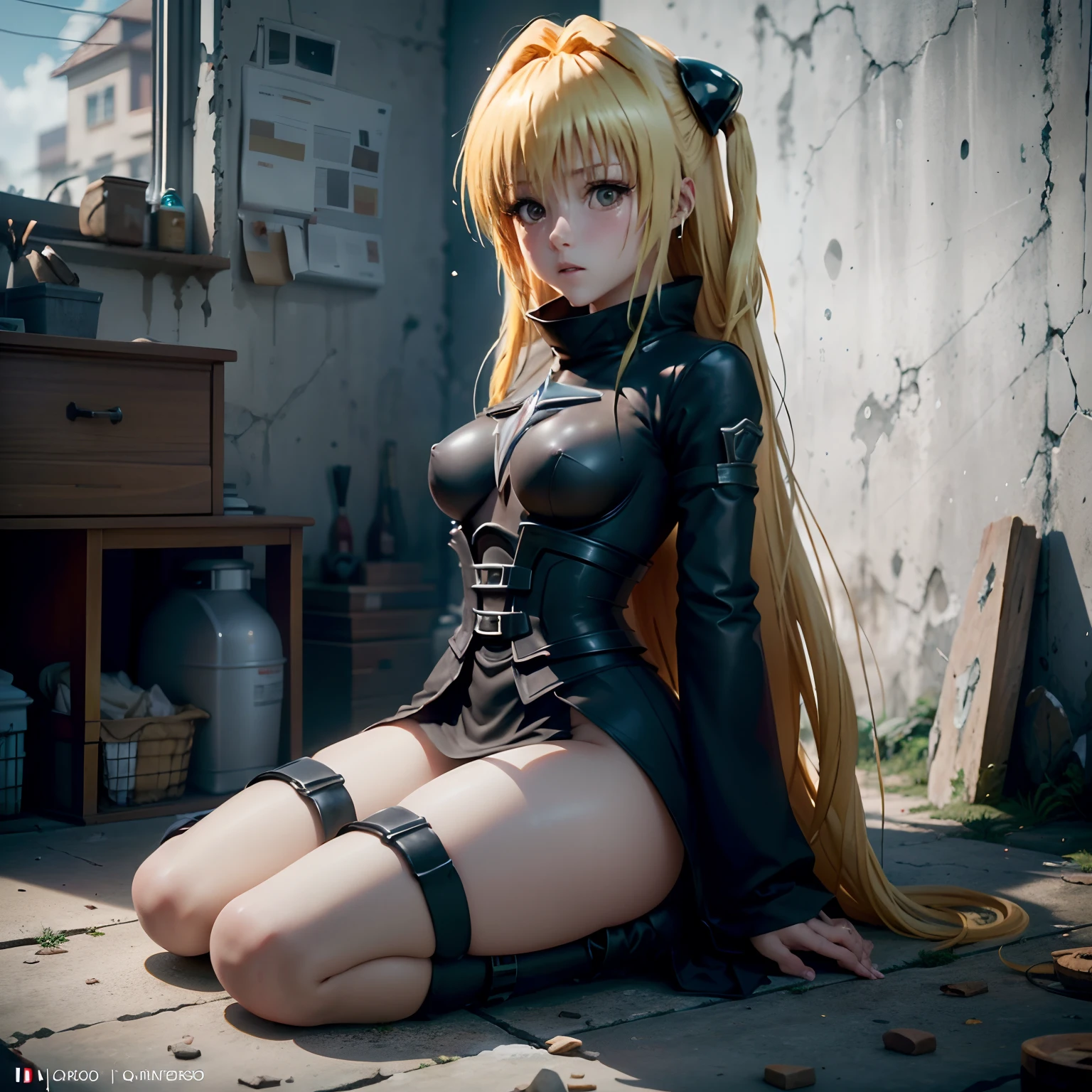 (garota hiper realista:1.2), ((Yami de 18 anos)), ((to love ru)), corpo inteiro, single body, olhando para frente, sitting on ground, (coxas internas expostas), joelhos dobrados, ((cabelo loiro)), middlebreasts:1.3, ((Quarto feminino, quarto tradicional)), Hiper realista, cinematic lighthing, (octan render), ray tracing