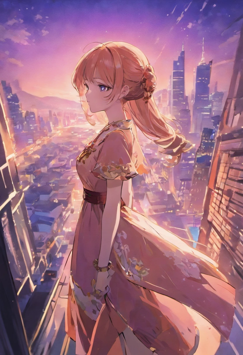 Close-up of a woman in a dress，With his back to the camera，The background is a city, Anime girl with long hair, Beautiful anime, Beautiful anime girl, Beautiful anime style, Anime princess, lovely languid princess, Beautiful anime woman, uma linda princesa, long hair girl, beautiful and seductive anime woman, digital art of an elegant, beautiful gorgeous digital art, beautiful alluring anime teen，Novel cover style，Purple color