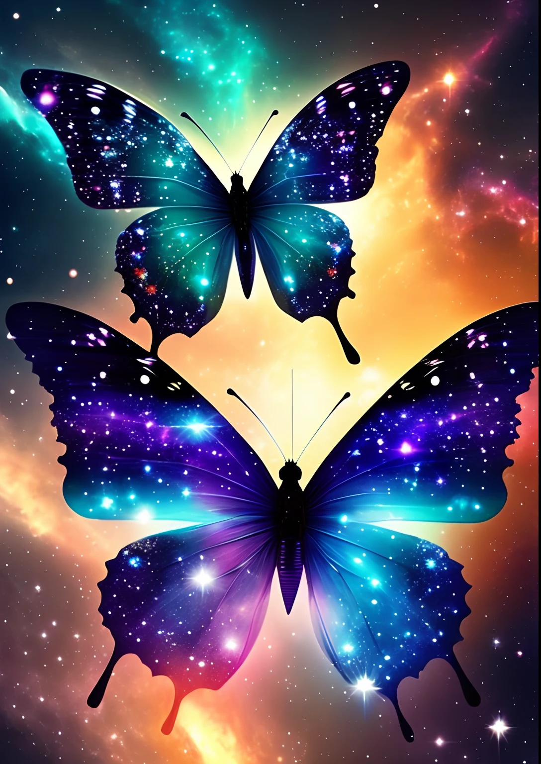 dreamlikeart, galaxy, outer space, nebula, star, [cyberpunked] Butterflies from the stars (star:1.5),