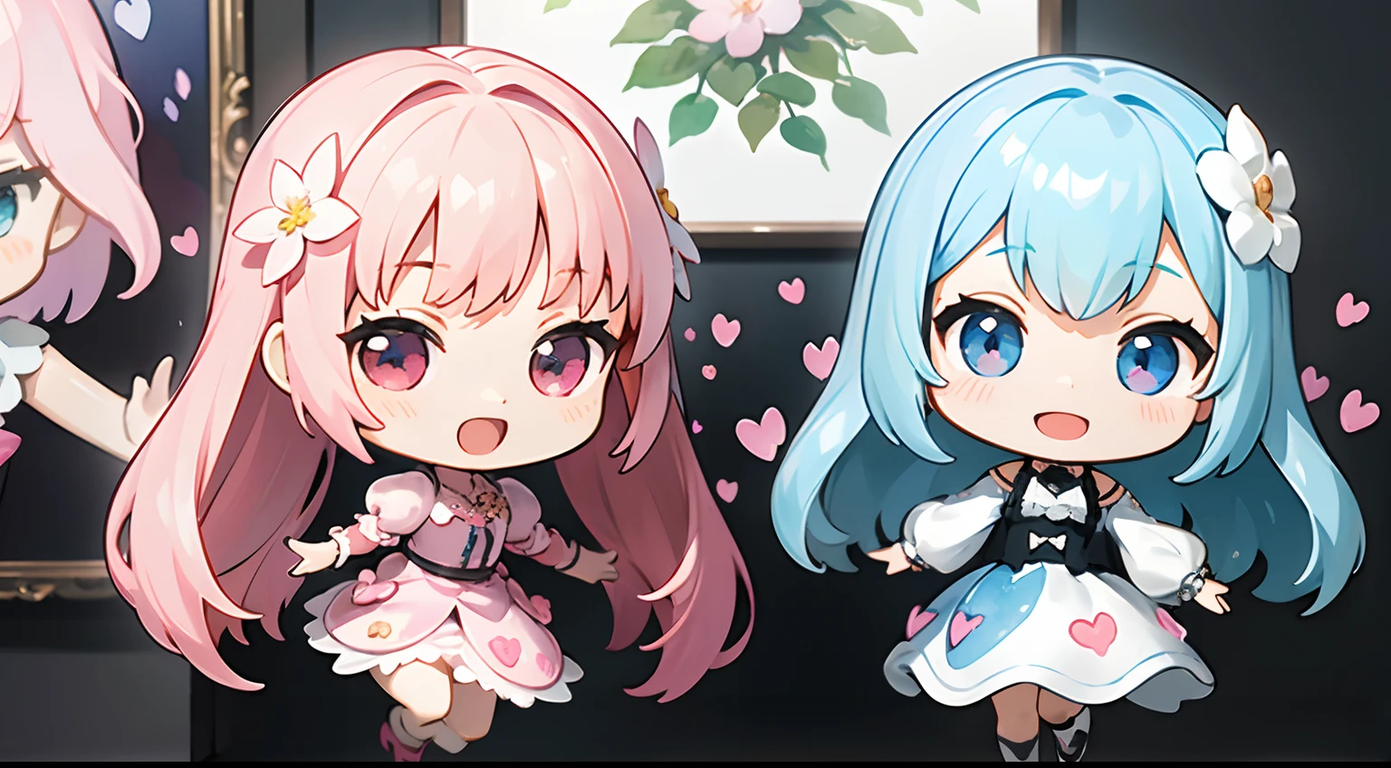 photoRealstic、Two dolls standing in front of the painting(nendroid)、Open mouth and big smile、watercolor Nendoroid、(High Definition Figure)、Flowing iridescent silk、Floral dress、Use body lines to create hearts、Add a heart shape、Mark a heart、There are also flowers in front of the nendroids、flower petals