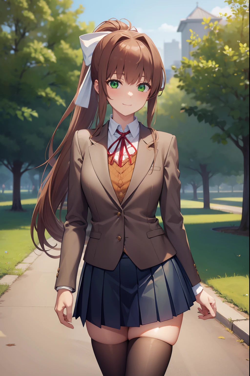 ddlcmonika, ddlcmonika, blunt bangs, brown hair, (green eyes:1.5), long hair, ponytail, ribbon, white ribbon, hair ribbon, sidelocks,
BREAK black thighhighs, blue skirt, brown jacket, jacket, long sleeves, mary janes, over-kneehighs, pleated skirt, school uniform, shoes, skirt, thighhighs, zettai ryouiki
BREAK looking at viewer smiling,
BREAK in the park, summer
BREAK (masterpiece:1.2), best quality, high resolution, unity 8k wallpaper, (illustration:0.8), (beautiful detailed eyes:1.6), extremely detailed face, perfect lighting, extremely detailed CG, (perfect hands, perfect anatomy),