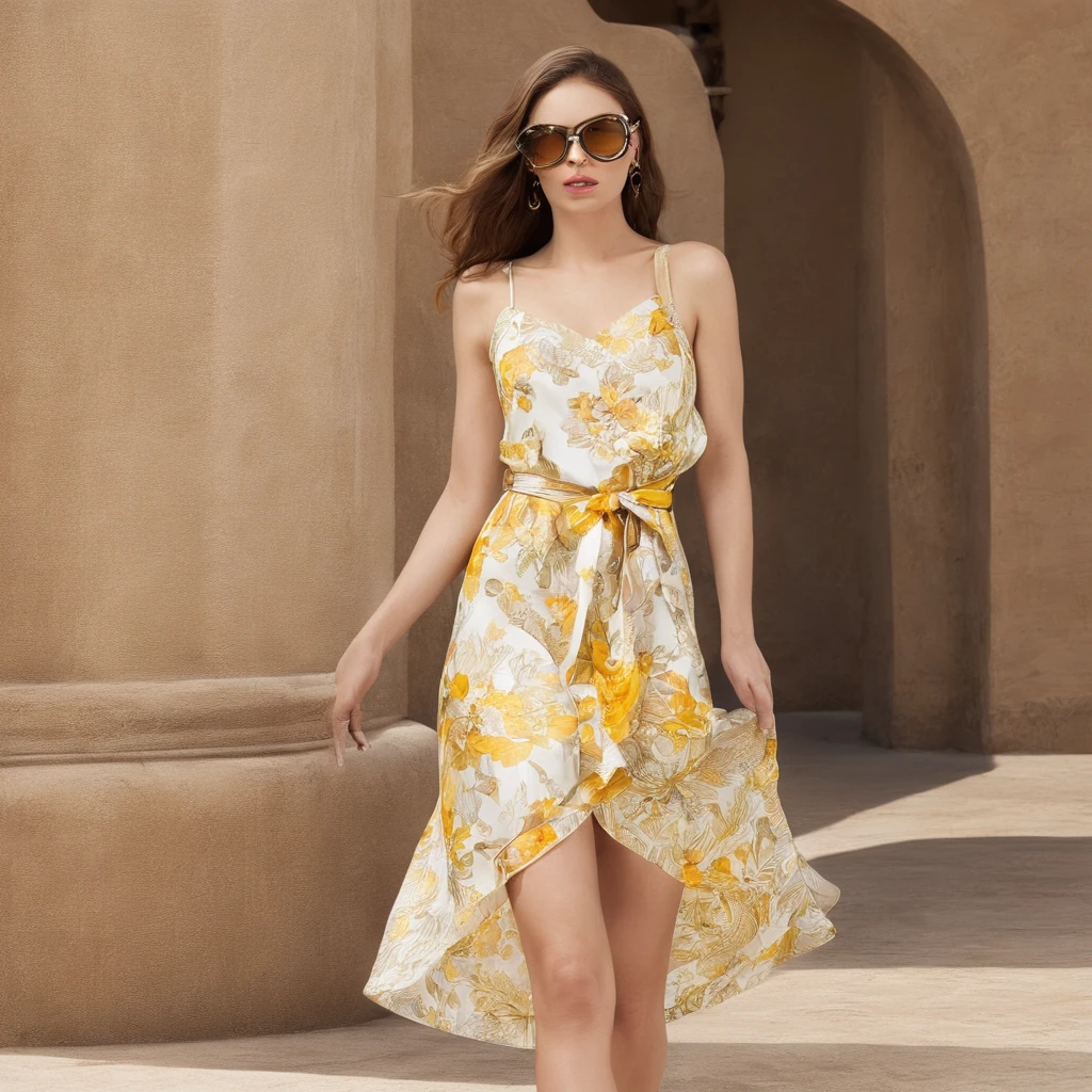 fotorrealista, melhor qualidade, hiper detalhado, A summer outfit consists of a light dress, with floral patterns in shades of yellow and white. The dress has thin straps and is adorned with a belt at the waist for a touch of elegance. The model completes the look with gold striped sandals and oversized sunglasses."