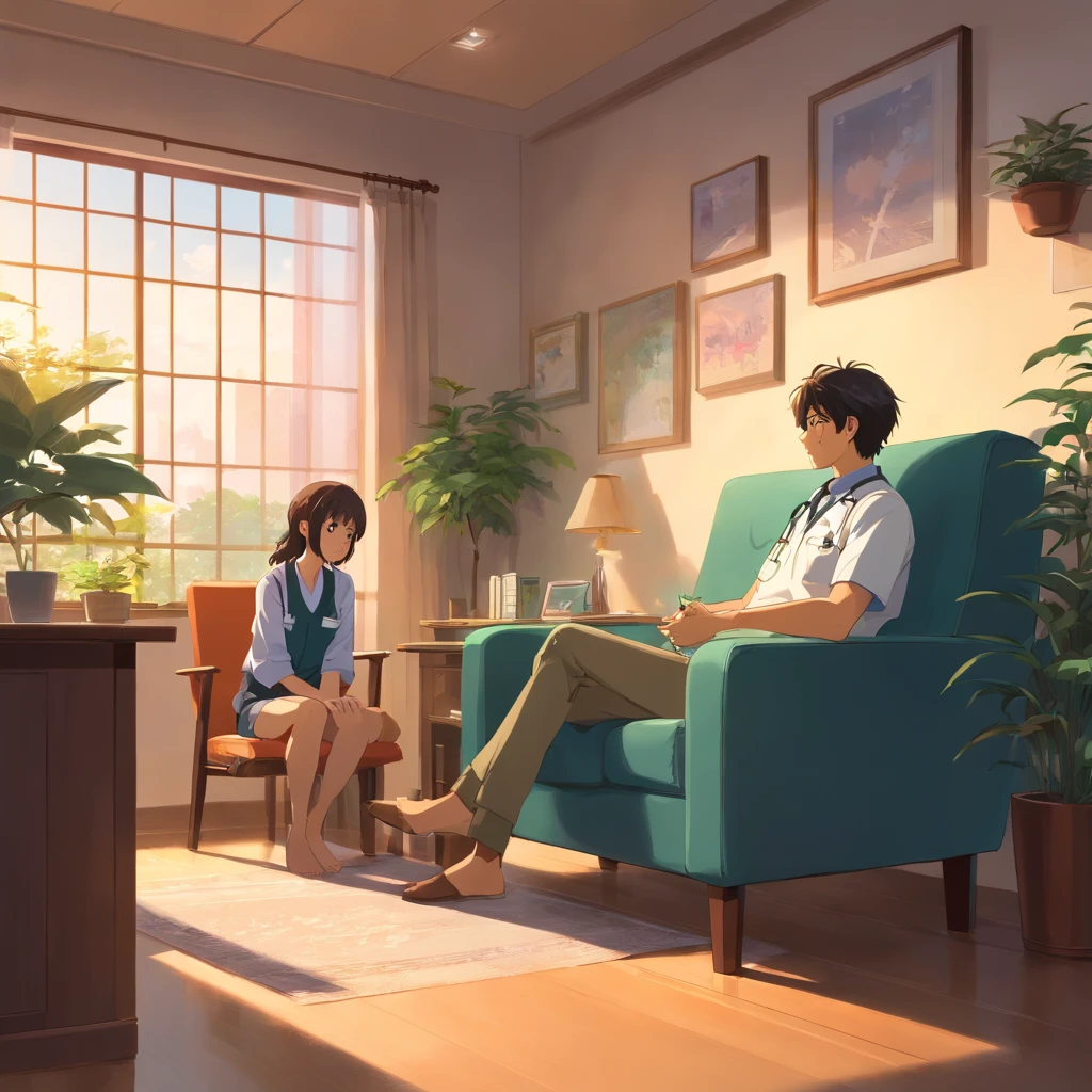 a scene where a girl is in a therapy session, sentada em uma sala tranquila e aconchegante, talking to your doctor, who is a man. The girl is comfortably seated in an armchair, while the doctor, also seated, is in a chair in front of her, Listening Carefully. The living room is softly lit to create a cosy atmosphere, com algumas plantas e obras de arte nas paredes, providing a sense of serenity. The girl is expressing her feelings and thoughts with sincerity, while the doctor, a friendly-looking and professional looking man, listens to it with empathy and understanding. The scene radiates the atmosphere of support and care that is essential in a therapeutic session.
