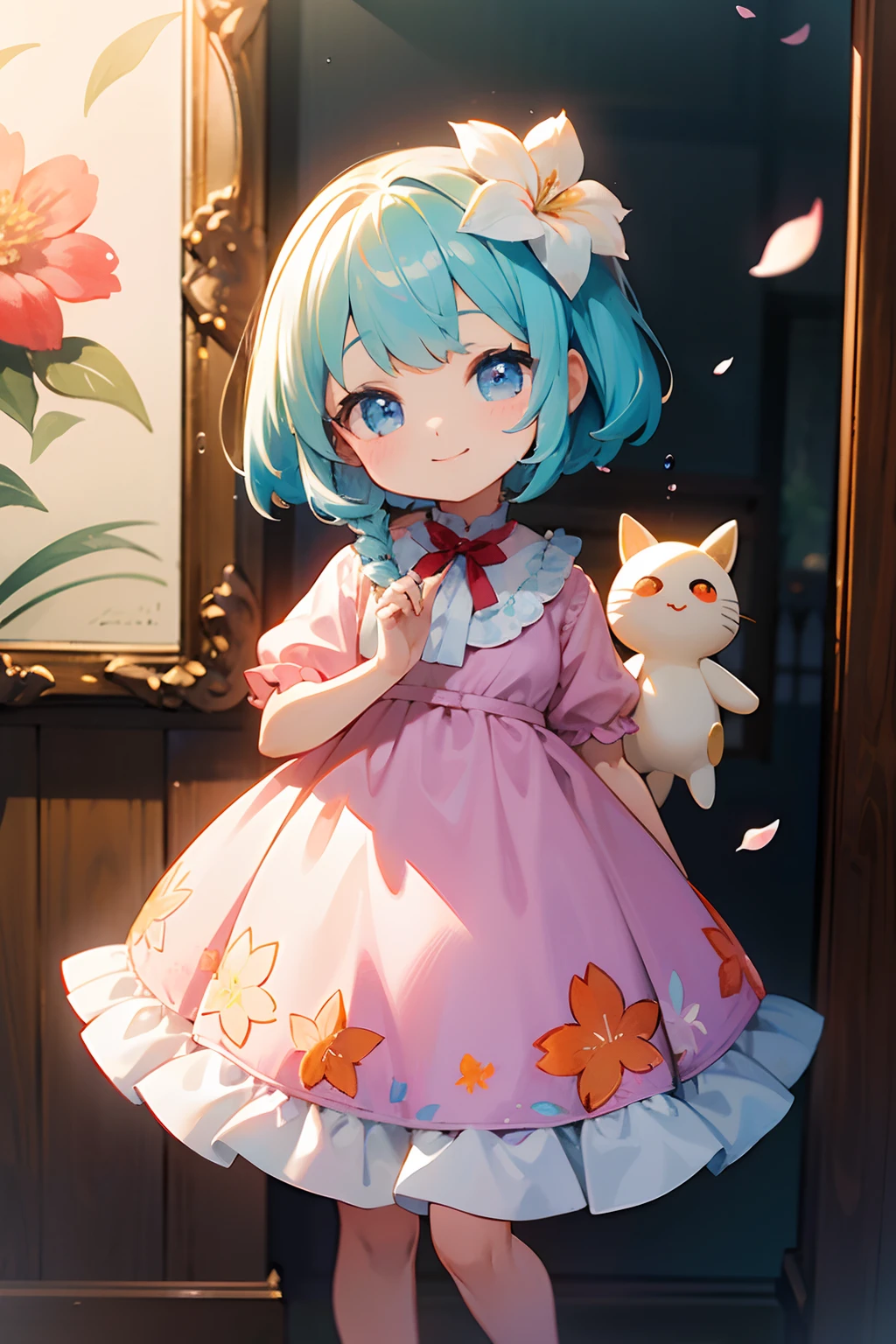 photoRealstic、Doll standing in front of the painting(nendroid)、A smile、Water droplets on the cheeks、In a cute pose、watercolor Nendoroid、(High Definition Figure)、Flowing iridescent silk、up of face、Eye Up、Floral dress、Making hearts by hand、There are also flowers in front of the nendroids、flower petals、season!!: 夏天☀ 🍂