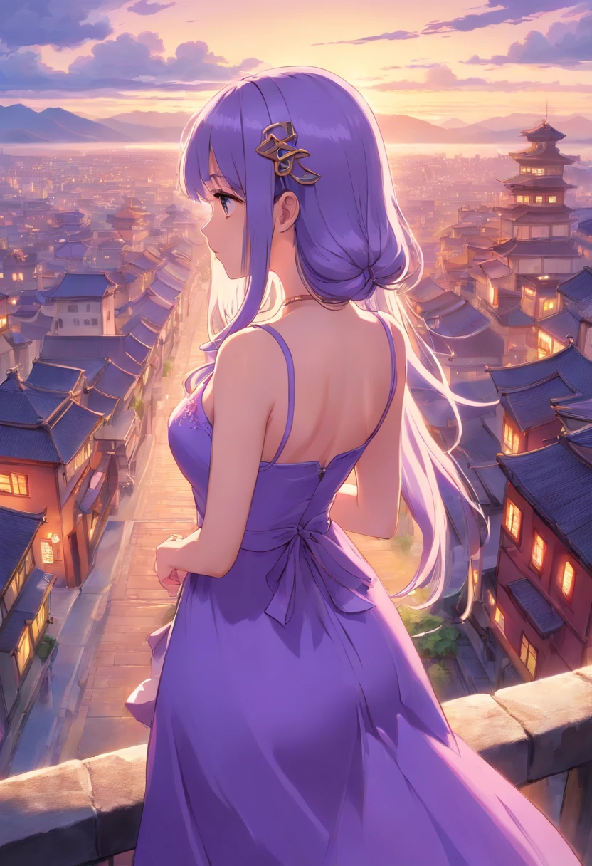 Close-up of a woman in a dress，With his back to the camera，The background is a city, Anime girl with long hair, Beautiful anime, Beautiful anime girl, Beautiful anime style, Anime princess, lovely languid princess, Beautiful anime woman, uma linda princesa, long hair girl, beautiful and seductive anime woman, digital art of an elegant, beautiful gorgeous digital art, beautiful alluring anime teen，Novel cover style，Purple color