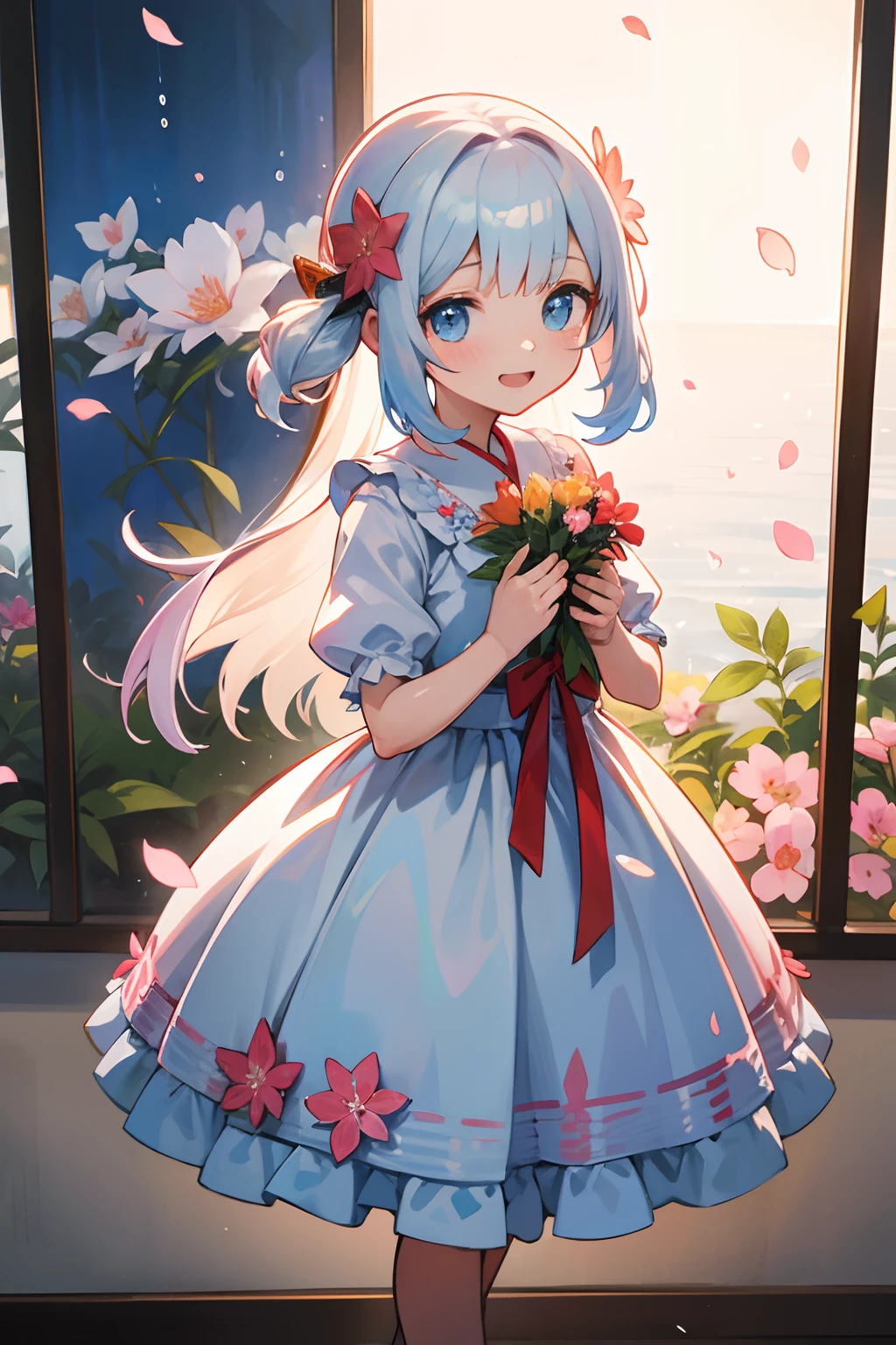 photoRealstic、Doll standing in front of the painting(nendroid)、A smile、Water droplets on the cheeks、In a cute pose、watercolor Nendoroid、(High Definition Figure)、Flowing iridescent silk、up of face、Eye Up、Floral dress、Making a heart with both hands、There are also flowers in front of the nendroids、flower petals、season!!: 夏天☀ 🍂