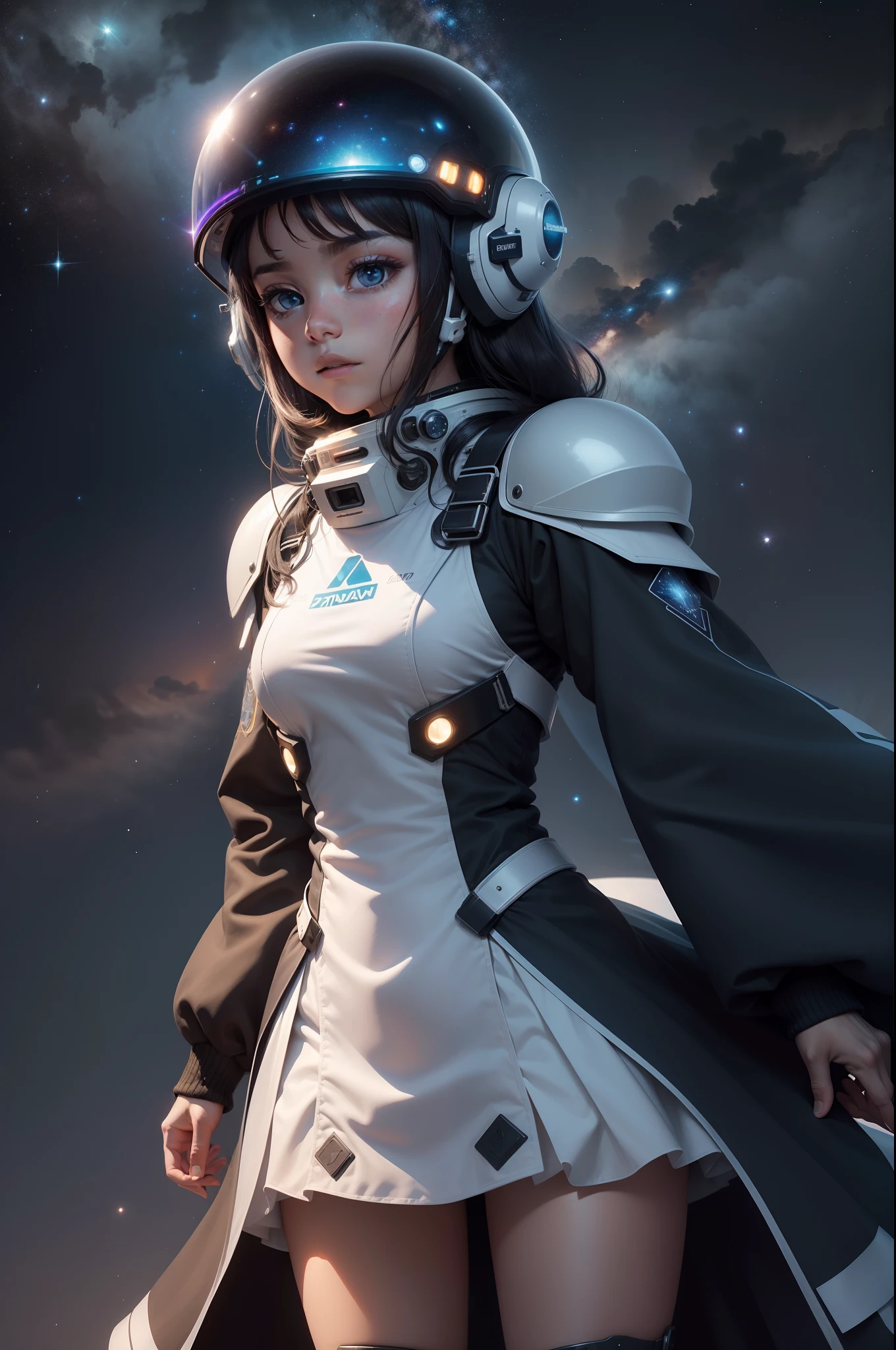 A moving image reveals an intrepid young girl, (vestida em um traje espacial brilhante e colorido), embarked on an epic journey through vast outer space. She clings tightly to the handlebars of her futuristic spacecraft., (A vehicle with aerodynamic lines and a color palette that mixes shades of blue and silver). Neste momento, The girl is at the peak of her adventure, (his expression of determination visible through the transparent helmet). Raios de estrelas velozes passam ao fundo, criando um rastro de luzes cintilantes. Ela guia a moto com maestria, executando manobras ousadas enquanto desvia de pequenos asteroides que flutuam nas proximidades. The outer space around you is filled with the mesmerizing beauty of constellations and nebulae, (Every celestial detail is sharp and vivid). This image captures the excitement and grandeur of your intergalactic journey