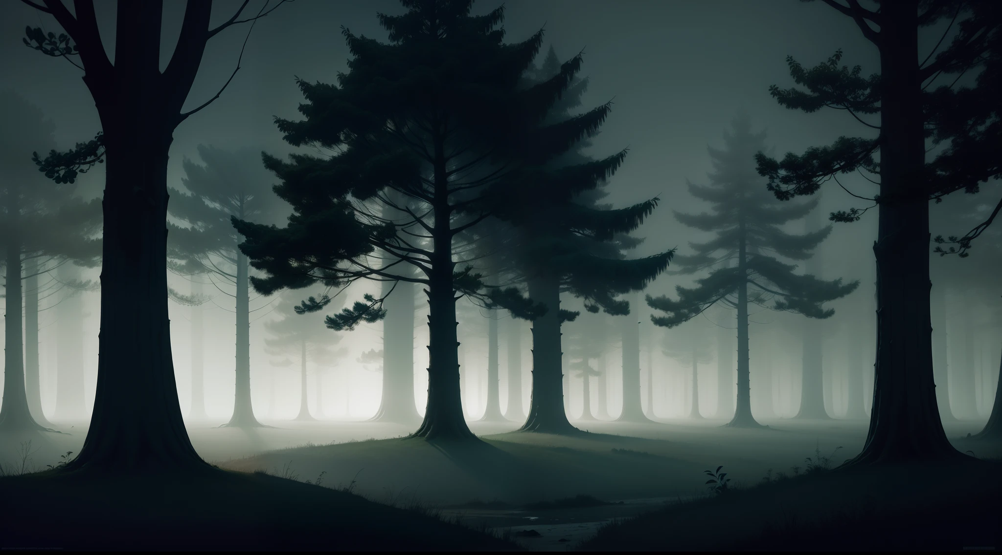 Gloomy night with trees and fog
