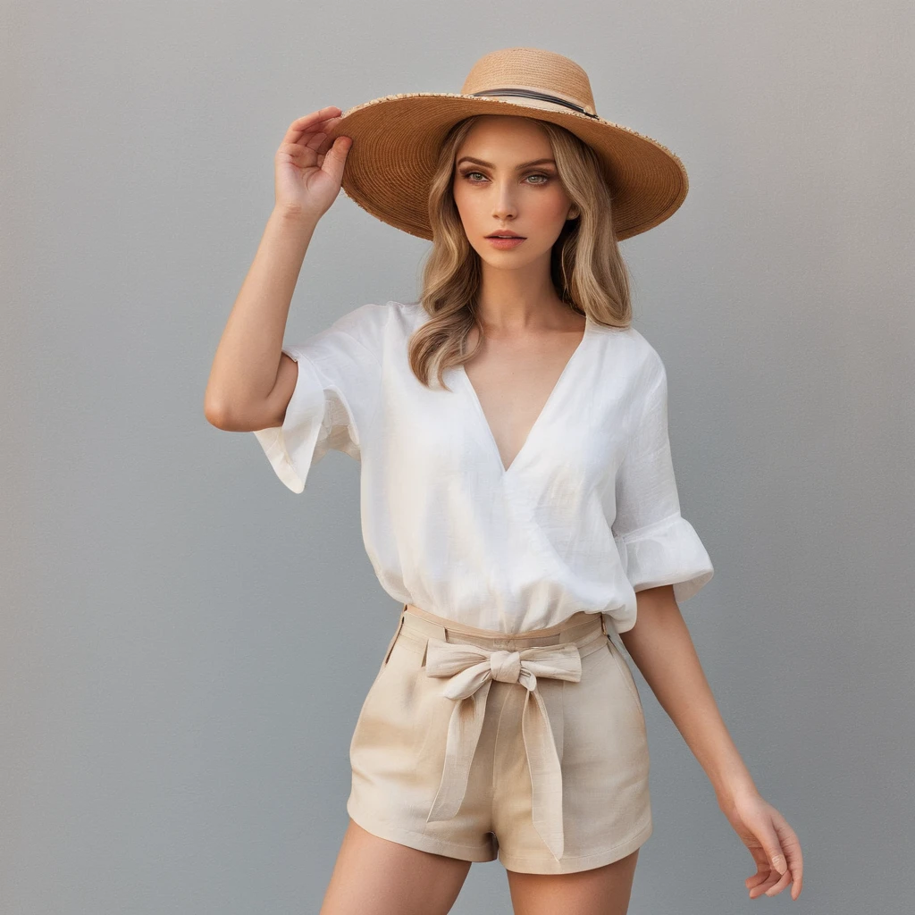 This summer outfit is a set of shorts and blouse. The shorts are white linen, high-waisted and have a folded sheath. The blouse is made of light cotton, em um tom pastel de azul, with short sleeves and a bow on the front. The model completes the look with a straw hat and brown leather sandals