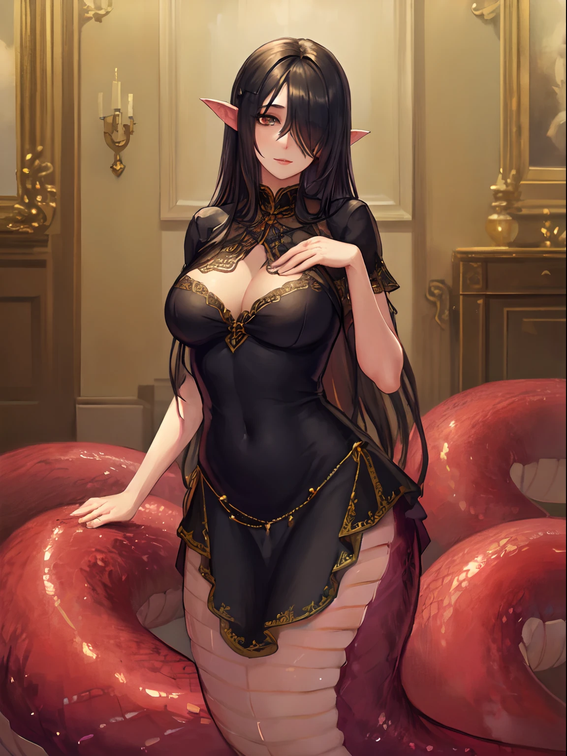 (realistic, painting_style), mature, woman, ornate black frilled dress, long hair, black hair, hair over eyes, (lamia, monster girl:1.2), masterpiece, best quality, portrait, standing, sharp eyes, realistic eyes, head tilt, looking_at_viewer, in a ballroom,