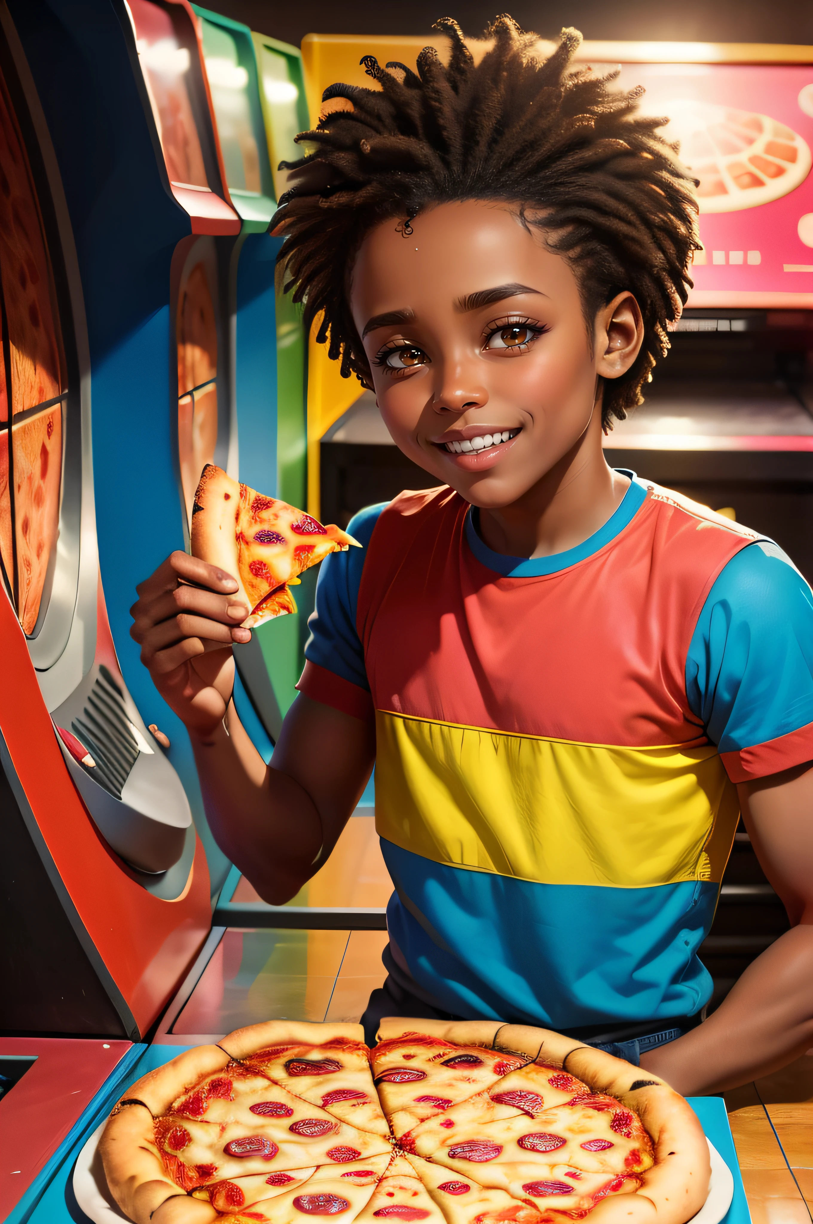80's themed pizza arcade games, detalhada, cores vibrantes, Retro style, Ambiente divertido, one african boy, sorrindo, comer pizza, Pizzas deliciosas,  --semente 1976824541